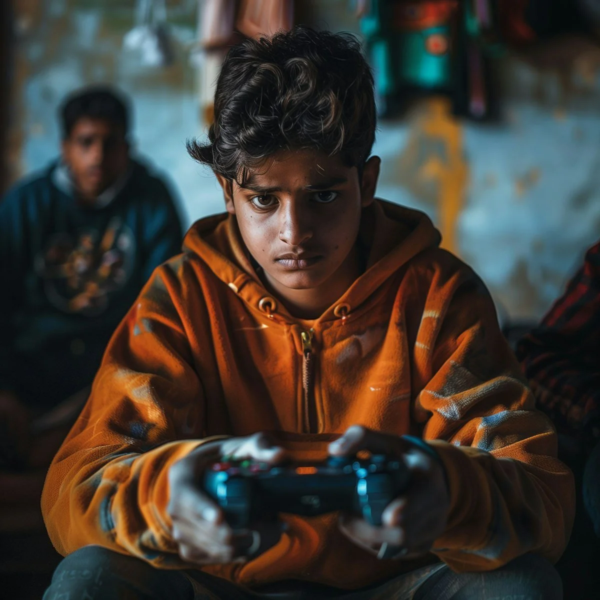Young boy in orange hoodie intensely focused on gaming, holding a controller, with a blurred background adding depth to the scene.