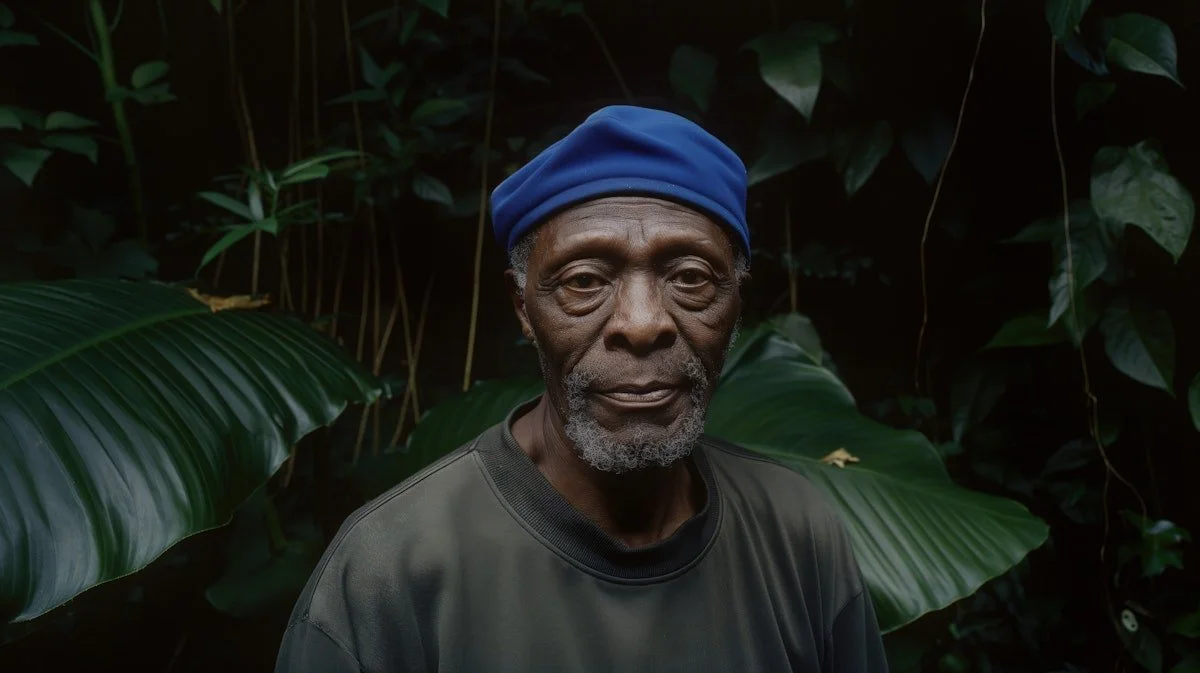 Elderly man with a blue beret amidst lush green foliage, exuding calm and wisdom. Soft lighting highlights his contemplative expression.