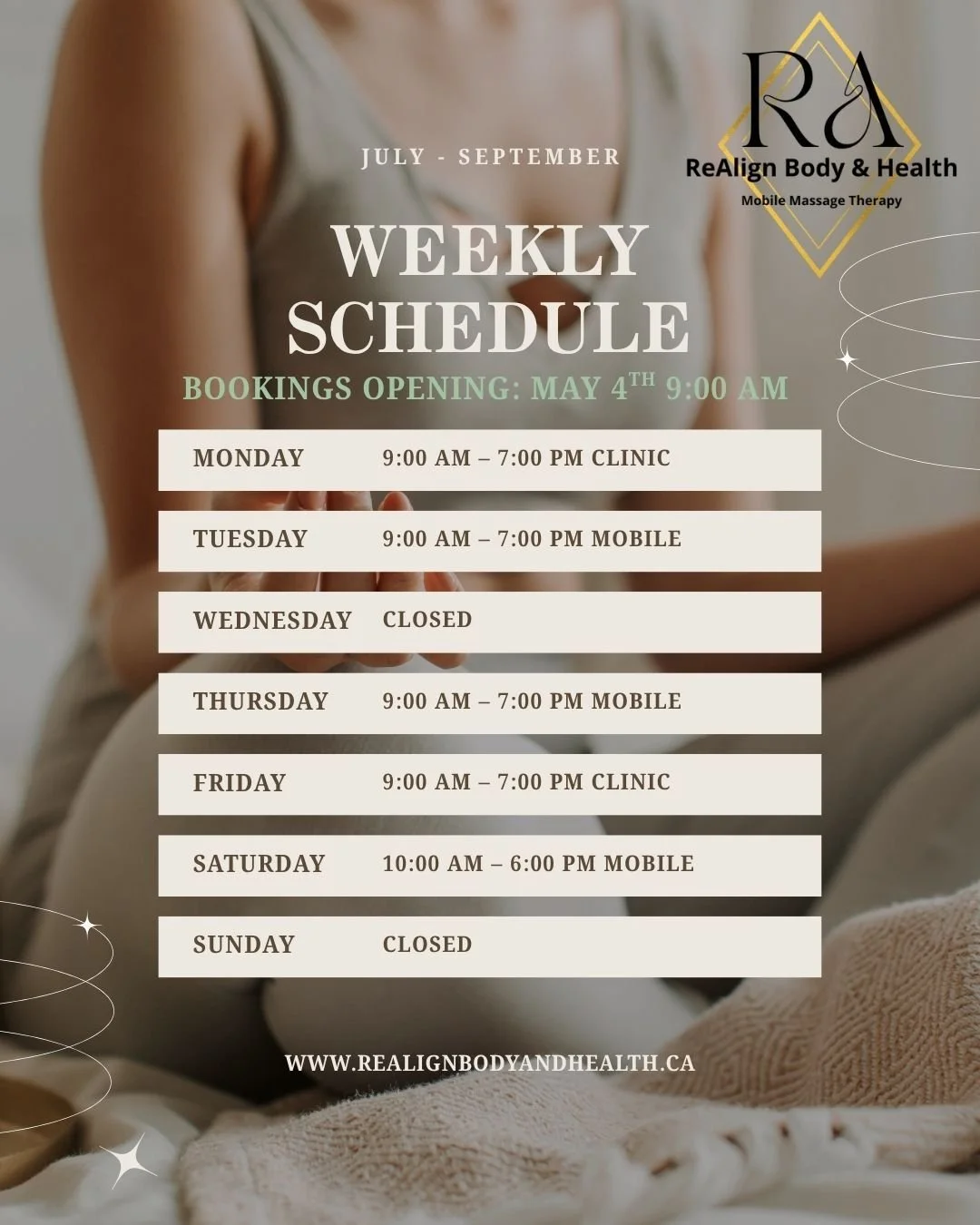 May the 4th force you&hellip; 
to finally book that summer massage!
Bookings open May the 4th, no Jedi mind tricks needed. Just hit &ldquo;BOOK HERE&rdquo; and secure your spot.

☀️ Whitehorse Summer Schedule
📅 July &amp; August availability
💆&zwj;