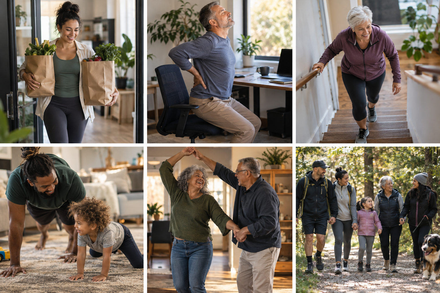 Collage of six images showing various activities of people including grocery shopping, working at a desk, climbing stairs, playing with a child, dancing with an elderly partner, and walking outdoors with family.