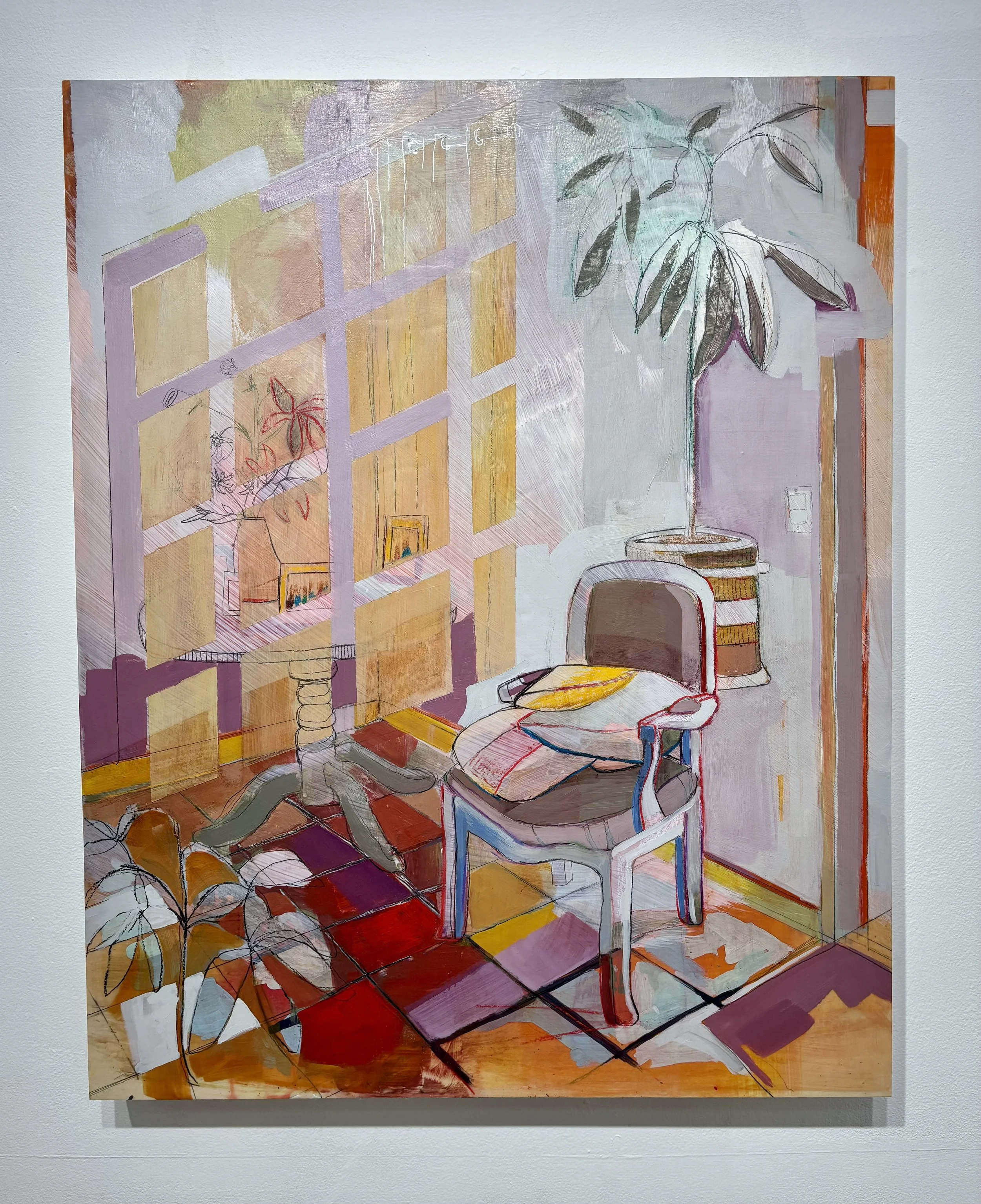 La Silla de Recuerdos, 2025,
Acrylic, wax pastel, Ink, graphite, oil pastel on wood panel
30"x 24"