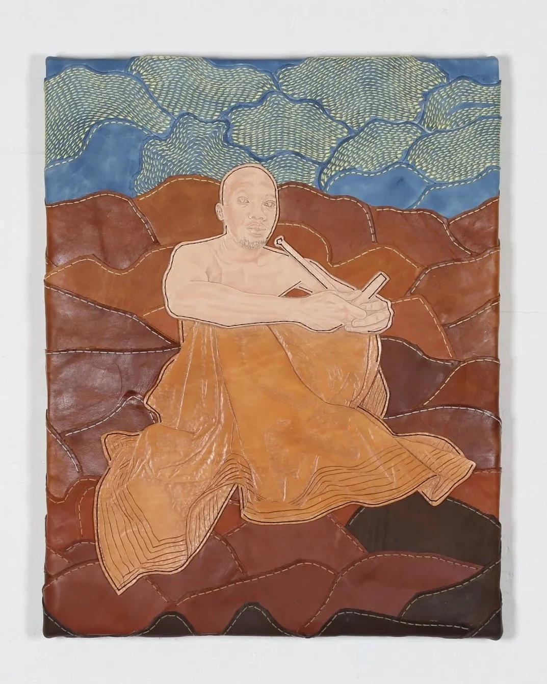 Abongile Sidzumo, Ibuyambo, 2026.
Leather, thread and Ink, 70 x 55 cm