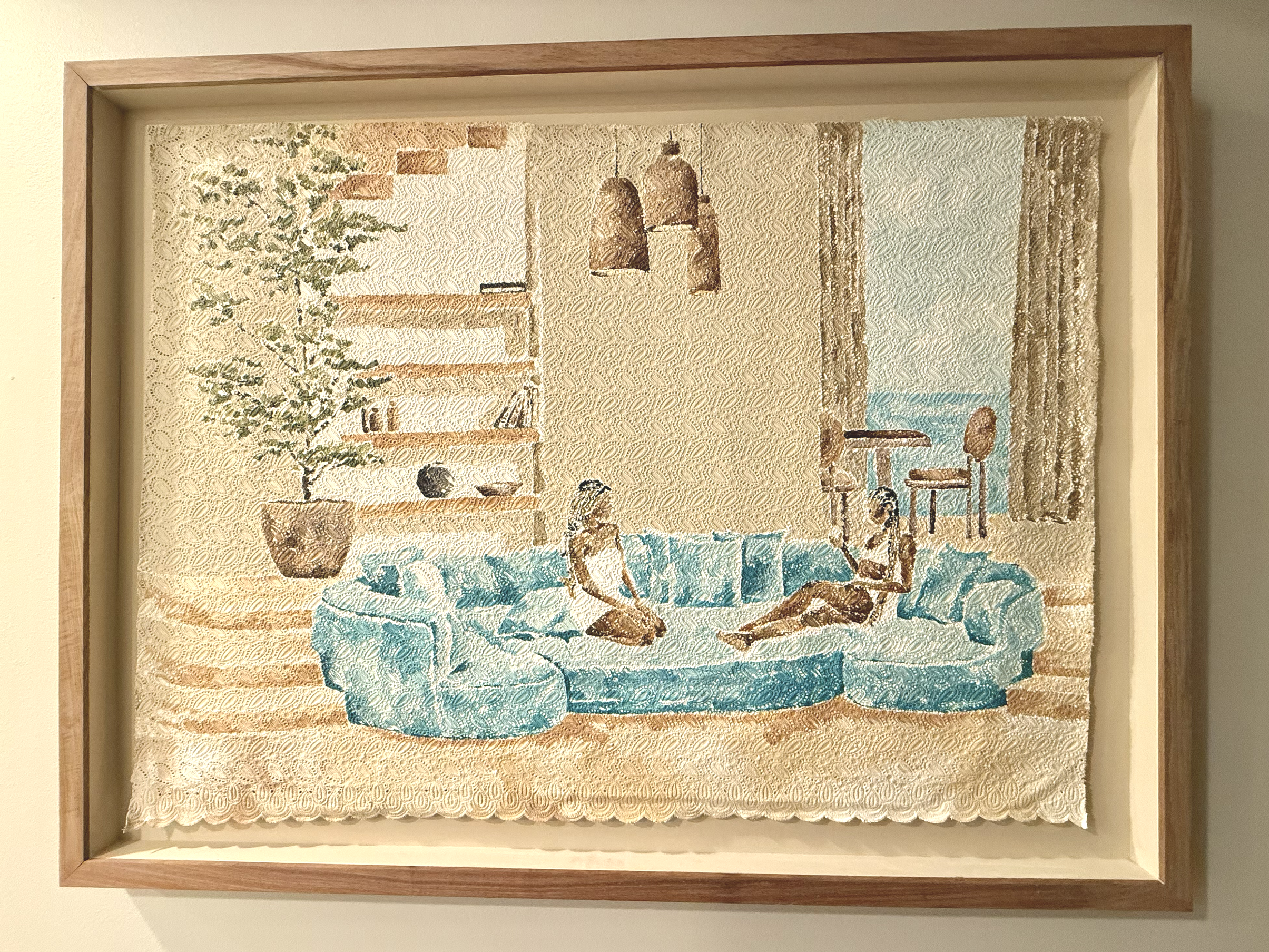 Buqaqawuli Nobakada, Apartment hunting 02, 2025. Acrylic paint on hand prepared lace
Framed in kiatt wood