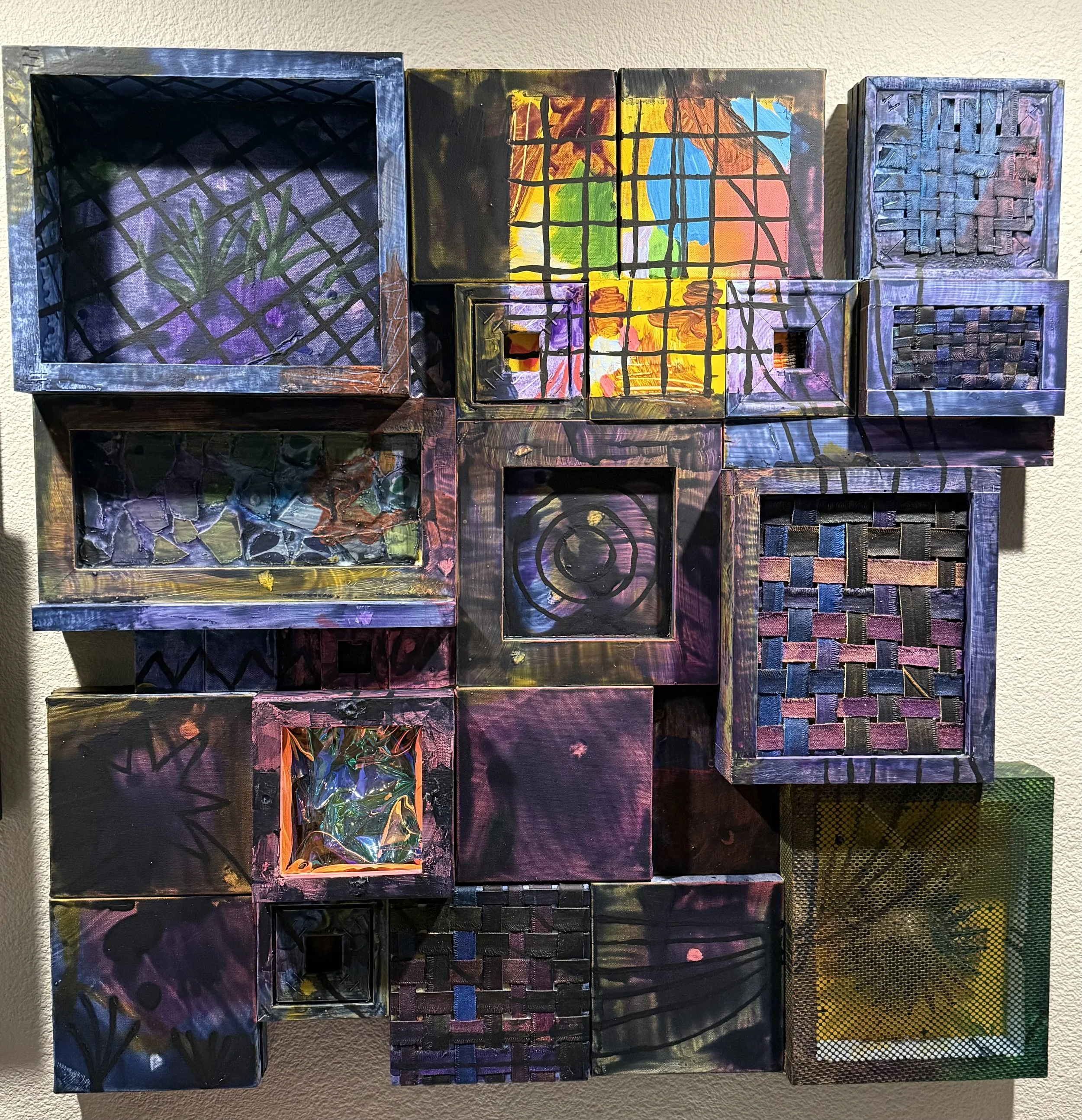 Tariku Shiferaw, There Are Other Suns, 2025, Acrylic, canvas, ceramic, brass, cloth, mylar, iridescent film, wood, 30 × 30 × 3½ in.