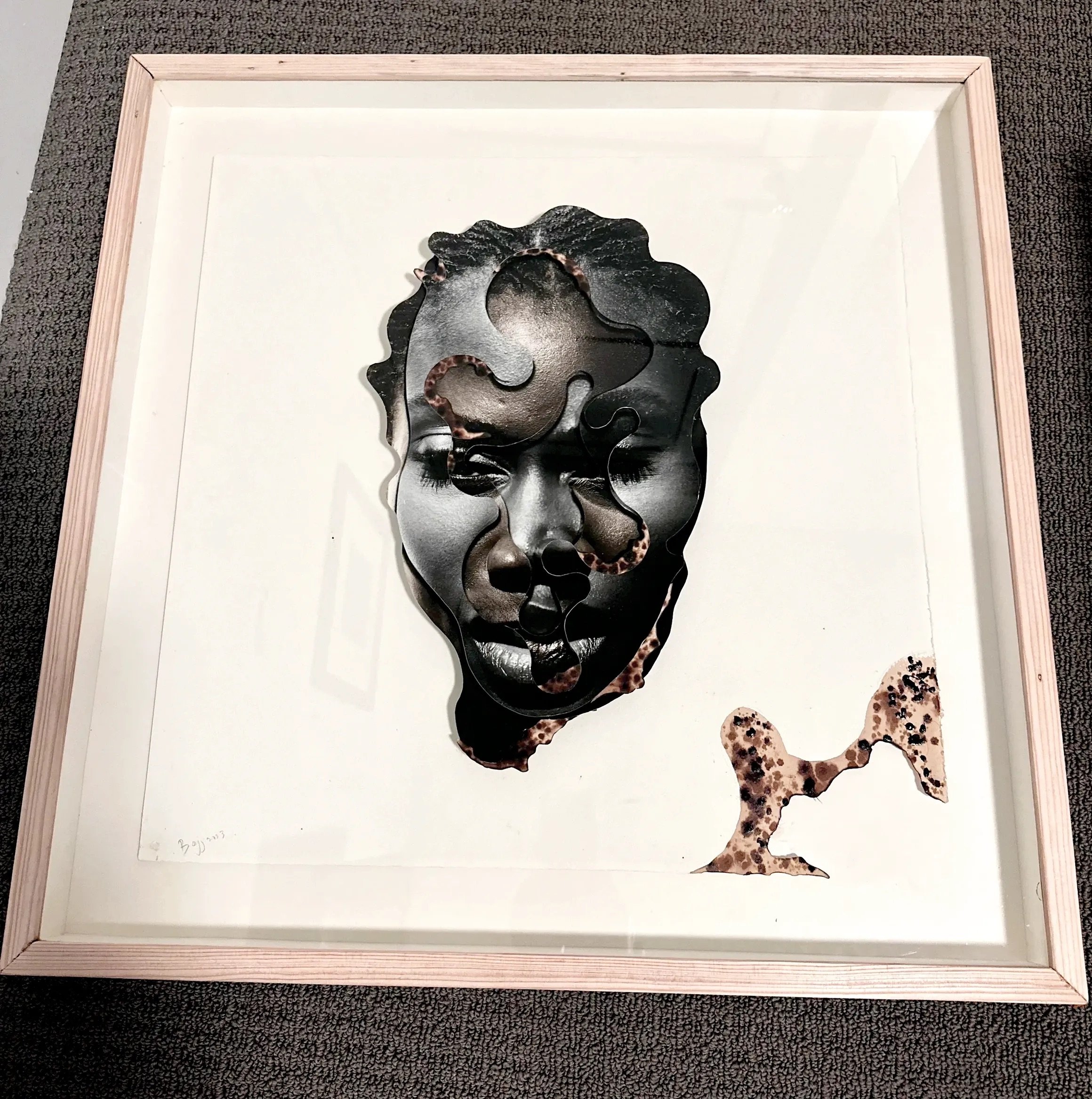 Mobolaji Ogunrosoye, Portraits | Na Chainkua, Smiling, 2023 Photo collage; archival paper, burnt Fabriano paper, rough textured Fabriano paper
