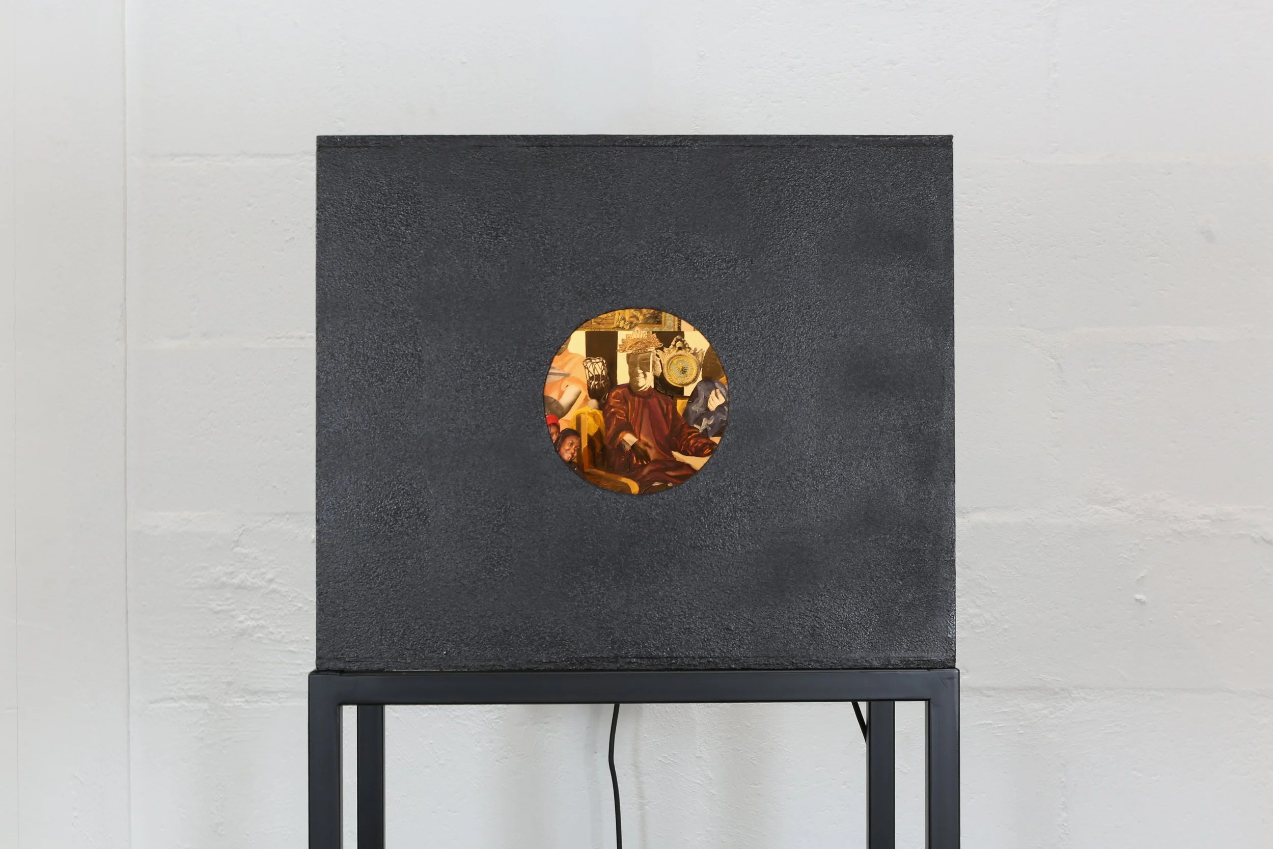 Keabetswe Seema, We are the knight and shining armour, 2026. Oil and acrylic on wood, collage, audio. 500 x 440 x 420 mm