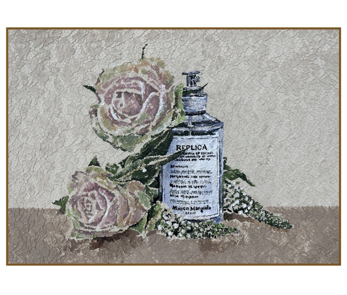 Buqaqawuli Nobakada, Replica, by Maison  Margiela still life. 2024. Acrylic paint on hand prepared lace archival framing