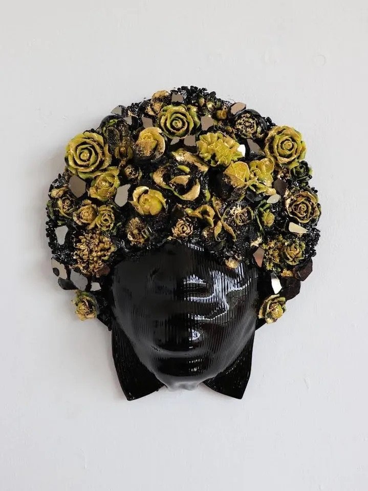 Layo Bright, Bloom in Canary Yellow & Black, 2024, Kiln formed glass, mirrored glass, 23k gold leaf on acrylic
