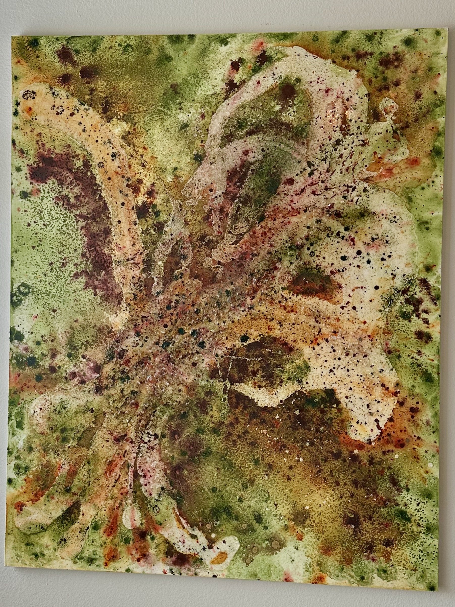 Tonia Calderon, Could Be Gone In The Morning, 2021. Ink, Grout, Acrylic, Resin and Glass on Canvas.