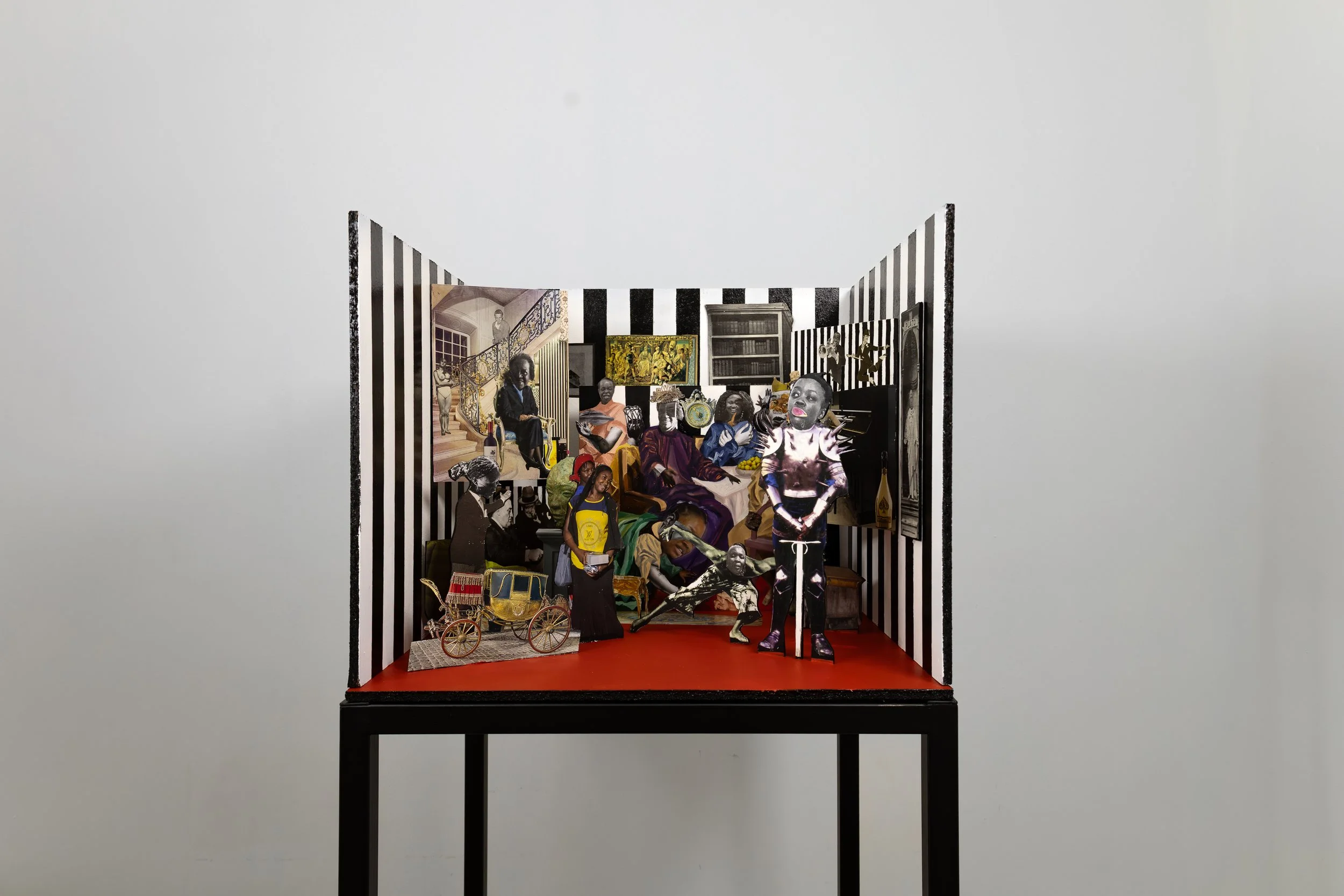 Keabetswe Seema
We are the knight and shining armour,  2026
Oil and acrylic on wood, collage, audio
500 x 440 x 420 mm