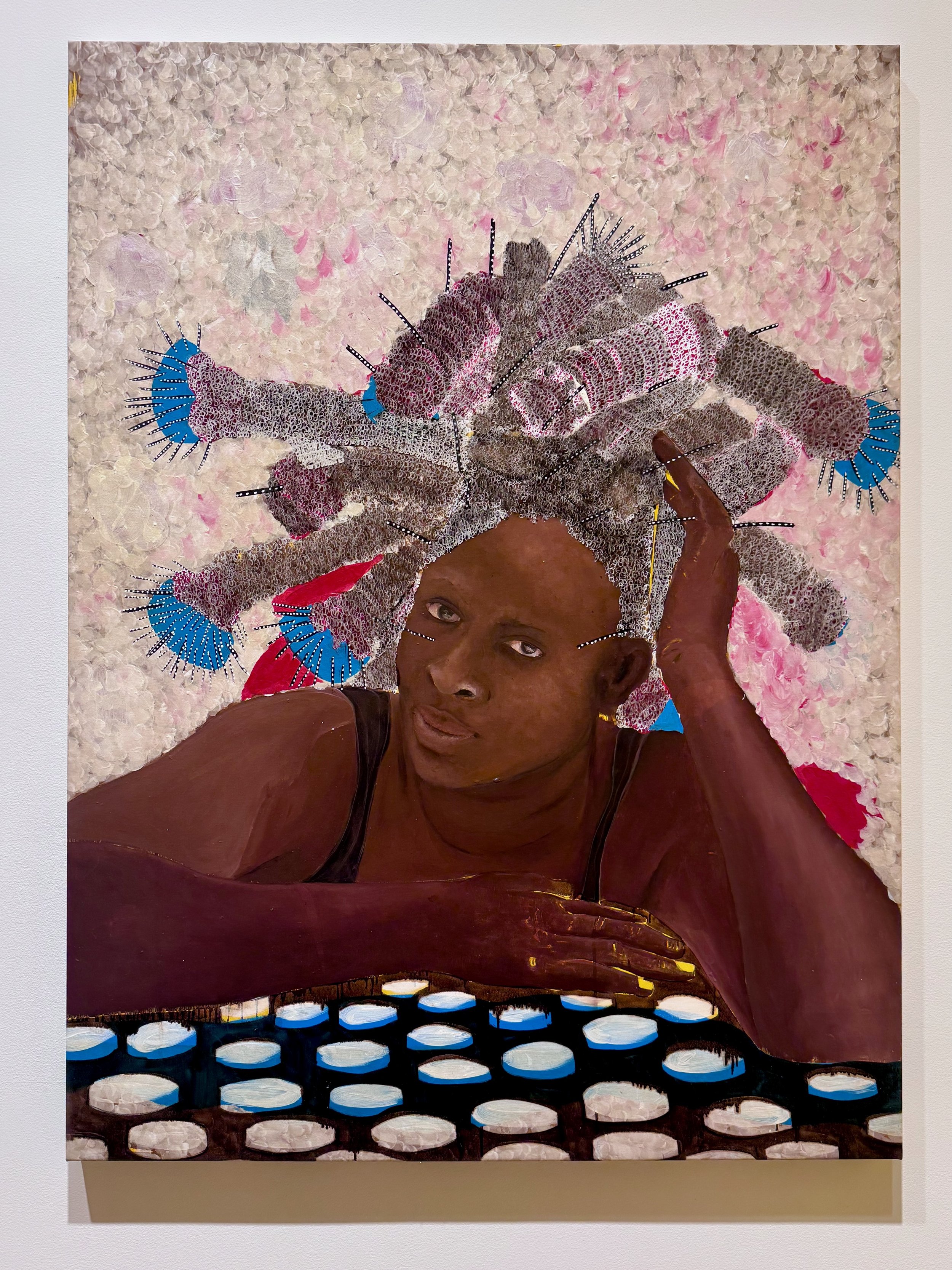 Omar Ba, Sous l’écorce du temps – Designer, 2025. Acrylic, pencil, oil, Indian ink and Bic pen on canvas. 51 1/4 × 38 1/4 in. 