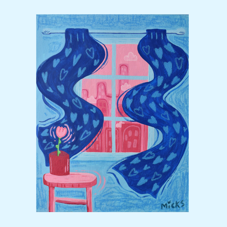 "a rose-tinted window"
2025, acrylic & oil pastels on 14"x 11" canvas