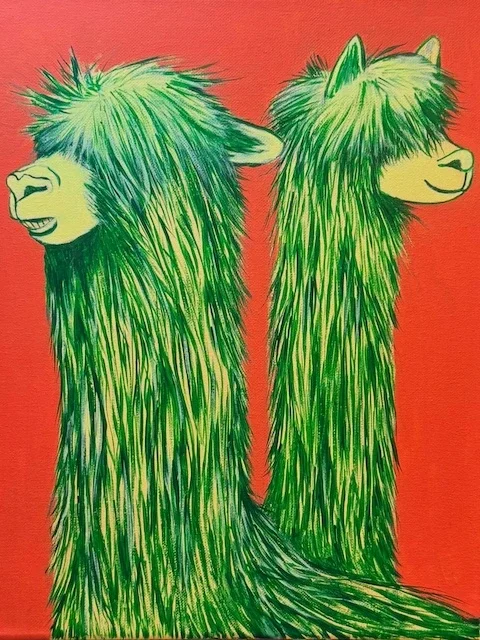 Green llamas on red background.webp