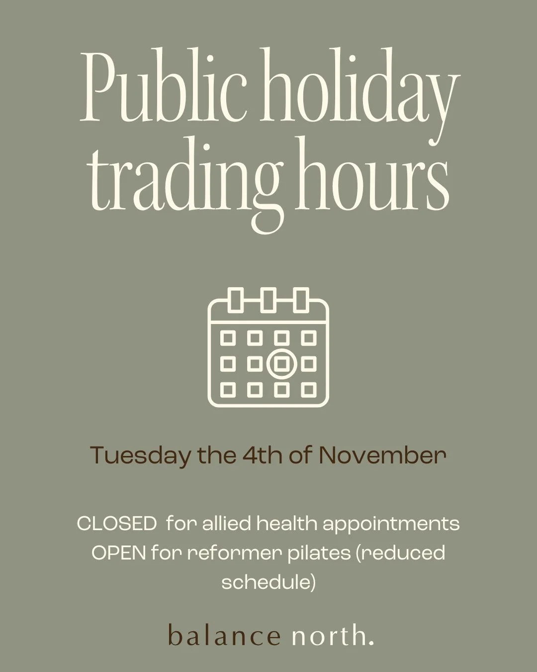 We will be closed on Tuesday the 4th of November for allied health appointments, and will be open for reformer pilates with a reduced schedule (8am and 9am) 💫⁠
⁠
⁠
#melbournewellbeing #melbournewellness #melbournephysiotherapy #melbournepilates #mel