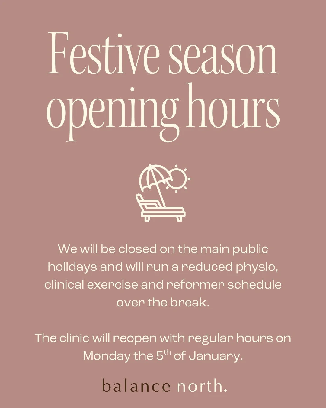 Festive season opening hours 🌟⁠
⁠
We will be closing at 1pm on Christmas Eve. The clinic will close on the main public holidays and will continue to operate throughout the festive period with a scaled-back schedule, offering physiotherapy and clinic