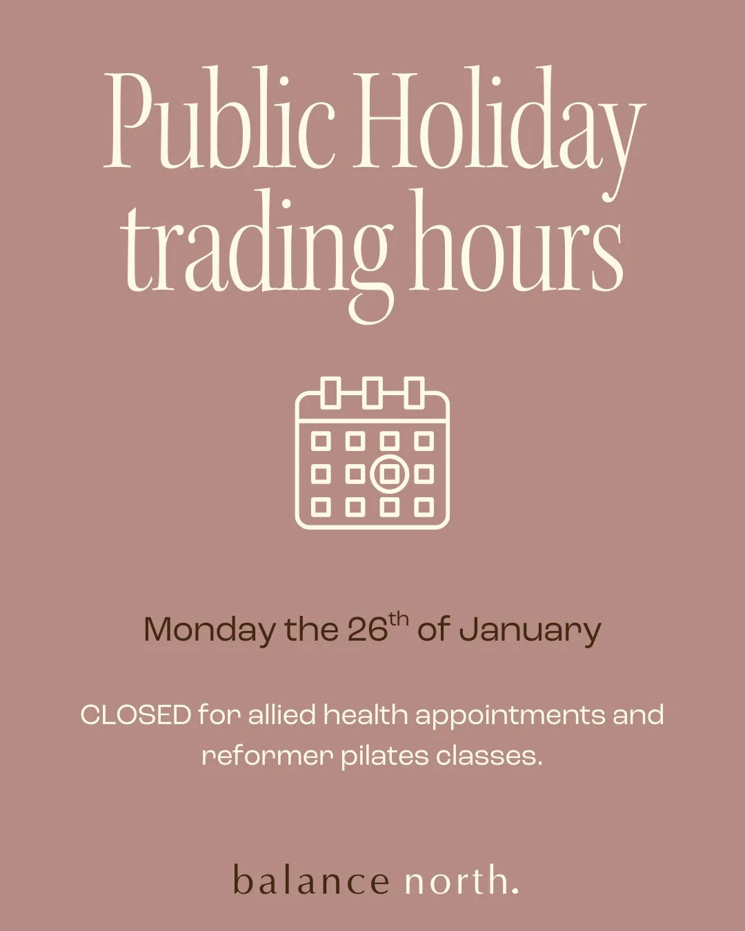 We will be closed on Monday the 26th of January for allied health appointments and reformer pilates. ⁠
⁠
We hope you enjoy the long weekend and we'll see you back in the studio on Tuesday✨️⁠
⁠
⁠
⁠
⁠
⁠
#melbournewellbeing #melbournewellness #melbourne
