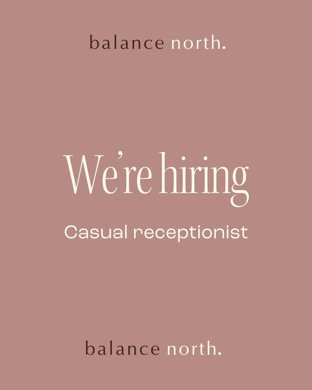 We&rsquo;re growing our team!⁠
⁠
Balance North is hiring a receptionist for a couple of afternoon shifts each week, with additional casual cover as needed.⁠
⁠
We&rsquo;re looking for someone reliable, welcoming and confident with customer service. Ex
