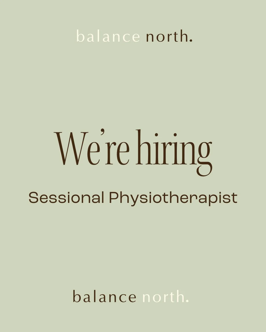 We&rsquo;re growing our team!⁠
⁠
Balance North is looking for a sessional physiotherapist to join us on Thursday mornings (one day per week). The role includes teaching two fitness reformer classes, one clinical exercise class, and running one to two