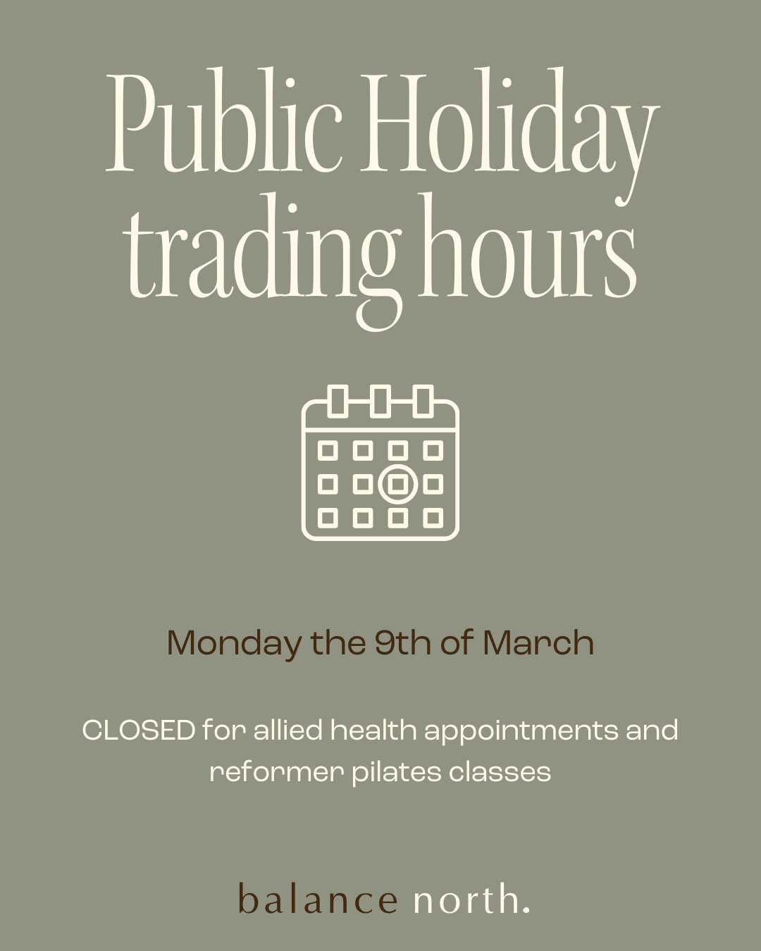 We will be closed on Monday the 9th of March for allied health appointments and reformer pilates.⁠
⁠
We hope you enjoy the long weekend and we'll see you back in the studio on Tuesday! 🫧⁠
⁠
⁠
⁠
⁠
#melbournewellbeing #melbournewellness #melbournephys