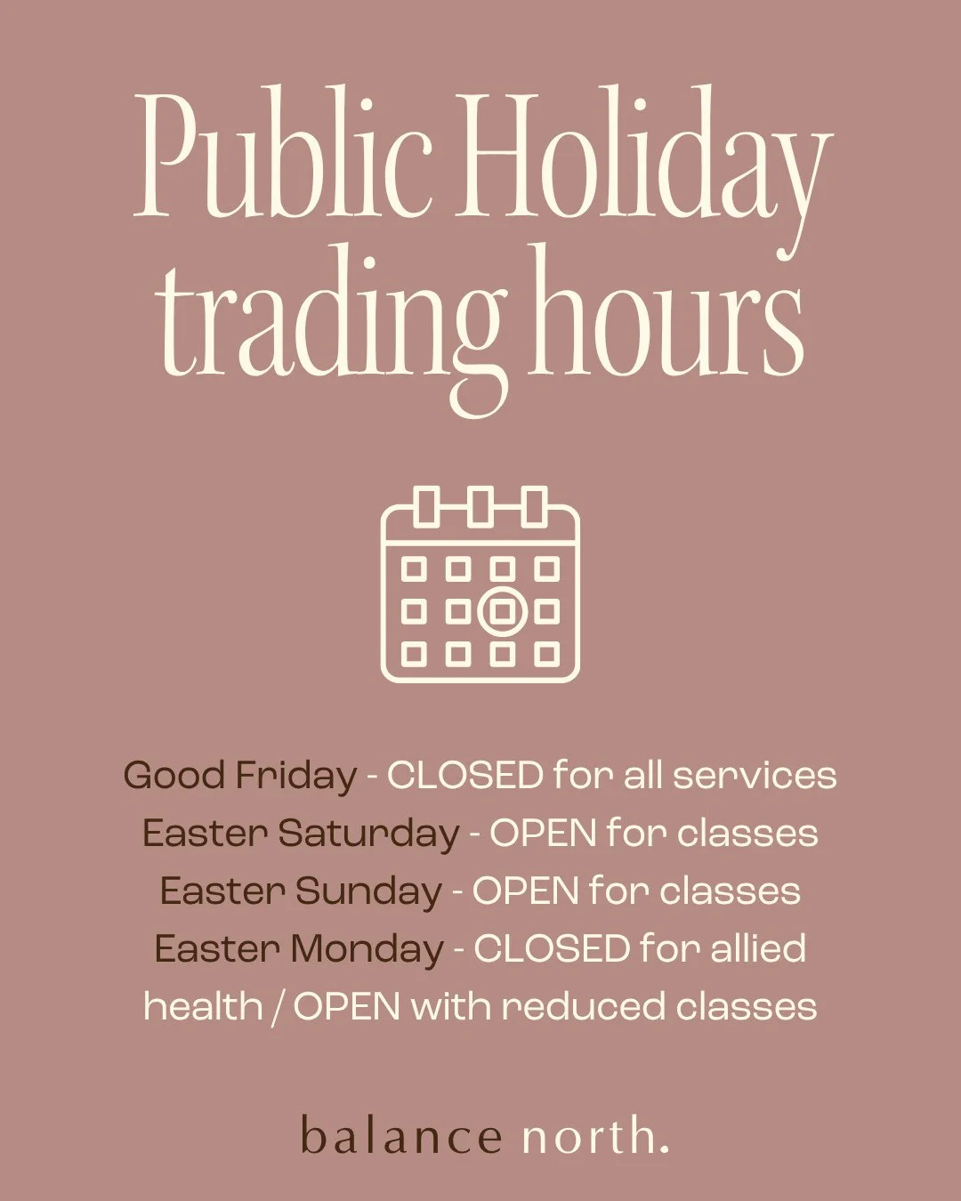 Over the Easter long weekend, our hours will vary slightly. ⁠
⁠
We will be closed on Good Friday, open as normal for reformer classes on Easter Saturday and Easter Sunday, and on Easter Monday we will be closed for allied health appointments while ru