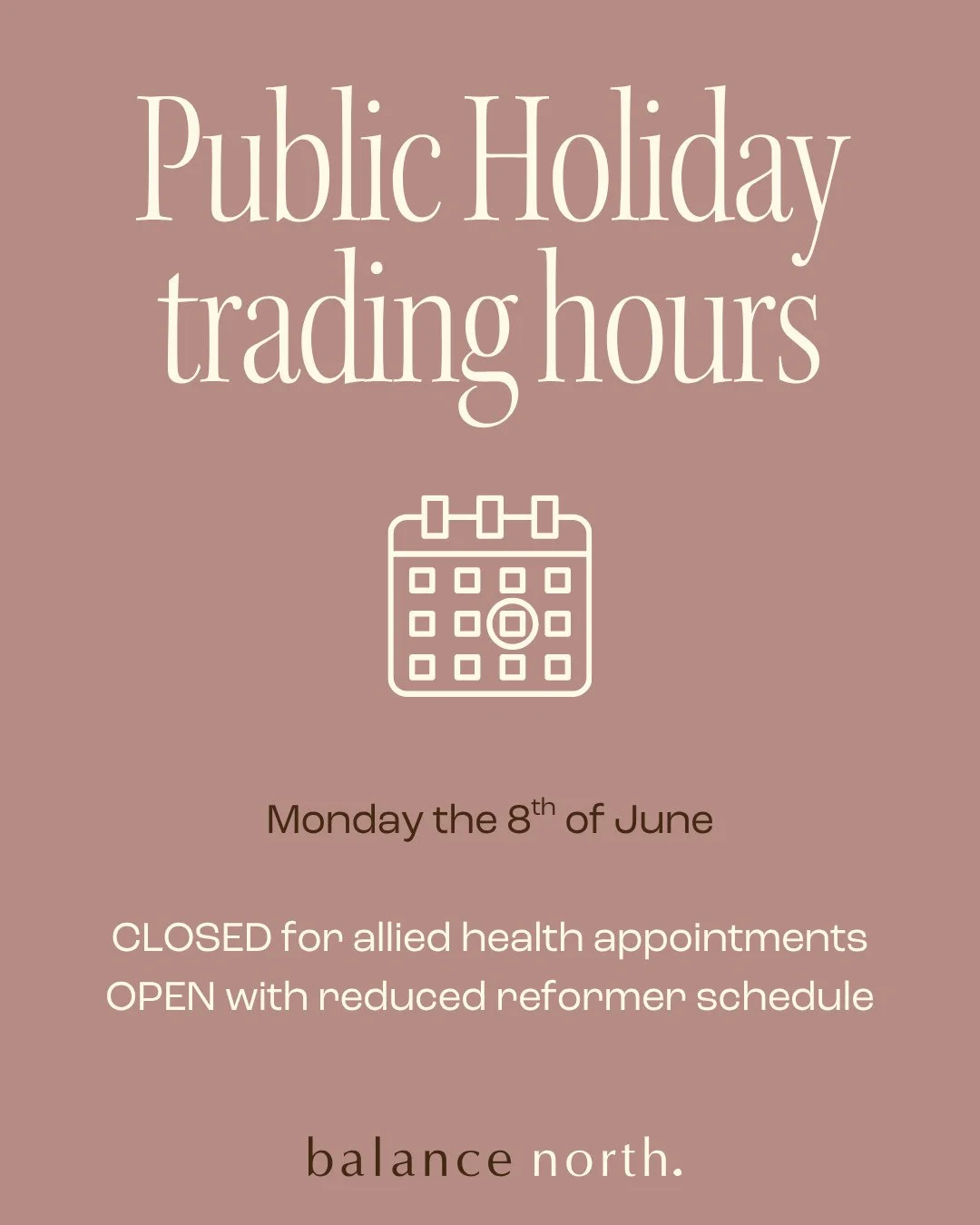 We'll be closed on Monday the 8th of June for allied health appointments and will be open with a reduced reformer schedule. ⁠
⁠
Enjoy the long weekend, and we'll see you back in the studio on Tuesday! ⁠
⁠
⁠
⁠
#melbournewellbeing #melbournewellness #m