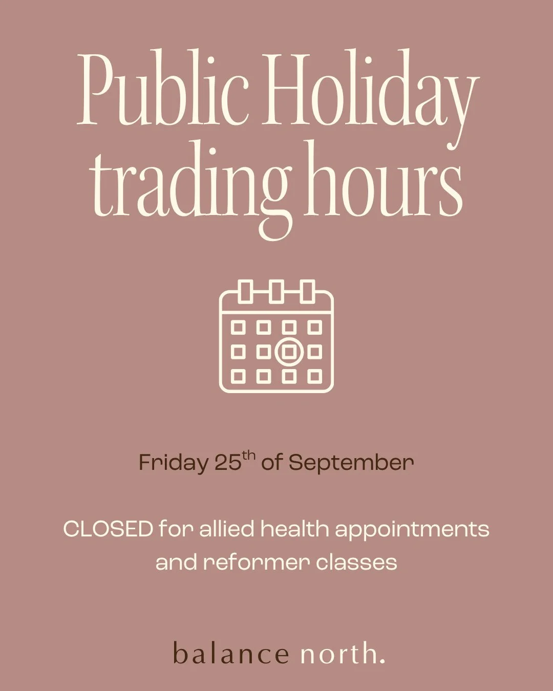 We'll be closed on Friday the 25th of September, and will be back in the studio for reformer classes on Saturday!⁠
⁠
Wishing everyone a lovely long weekend! ☀️