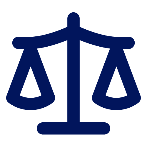 Icon of a blue balanced scale, symbolizing justice or law.