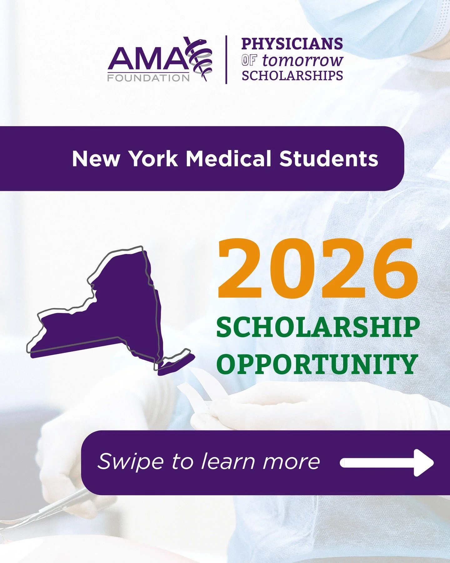 Calling all New York medical students! 📣
Apply now for the Medical Society of the State of New York/Dr. Duane and Joyce Cady Physicians of Tomorrow Scholarship.

Open to students training in New York who plan to practice locally and are passionate a