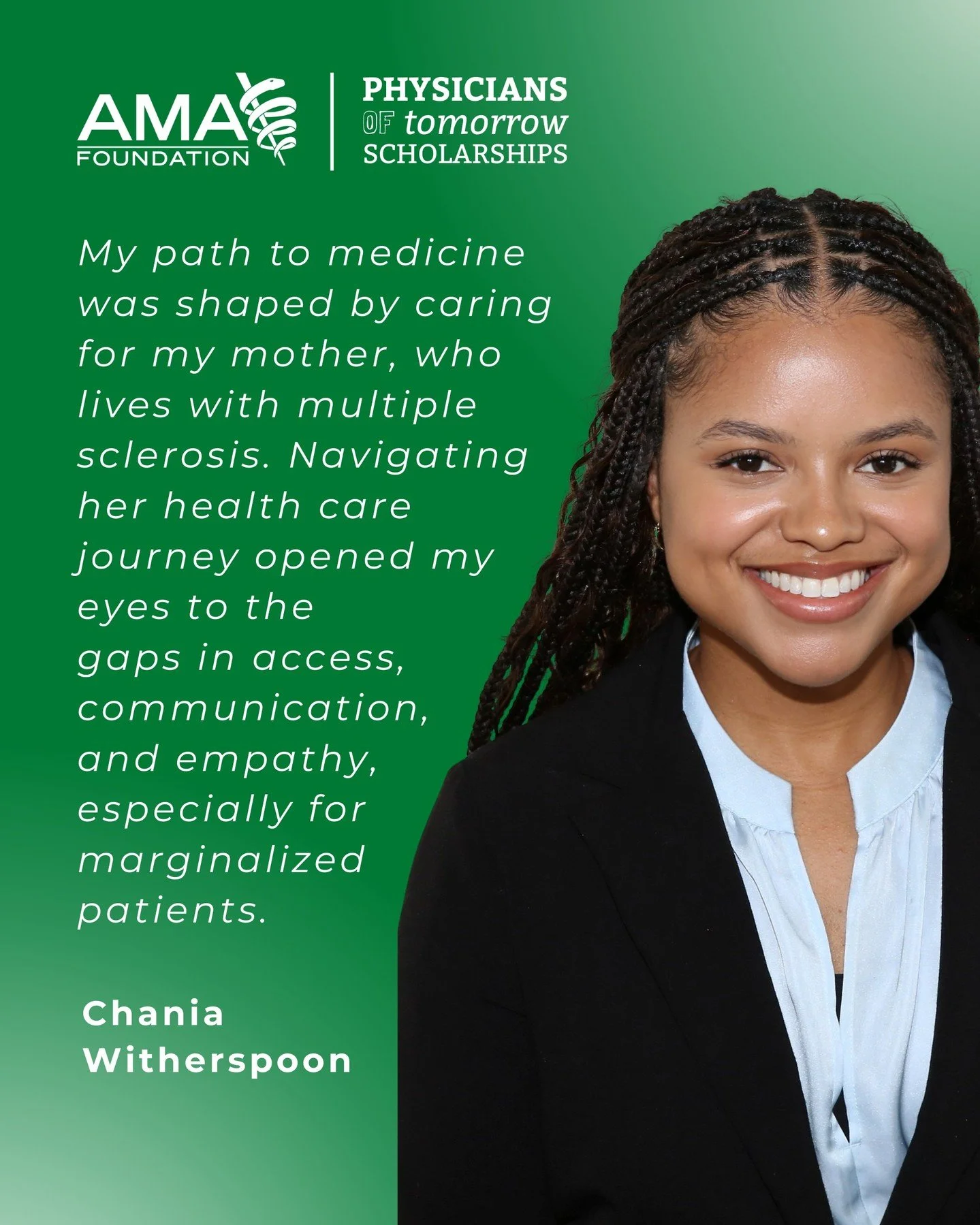 Meet Chania Witherspoon, MS, a 2025 Physicians of Tomorrow Scholarship recipient.

Witherspoon is a fourth-year medical student at the University of South Carolina School of Medicine Greenville and plans to pursue a career in family medicine. She is 