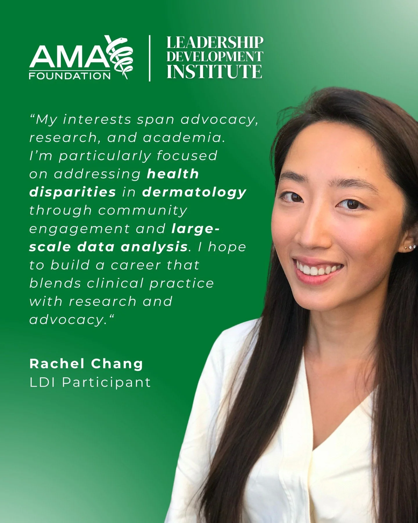 Meet Rachel Chang 

A 2025&ndash;26 Leadership Development Institute participant and fourth-year medical student at Rush Medical College, Rachel is advancing skin health through research, education and community outreach. From leading skin cancer pre