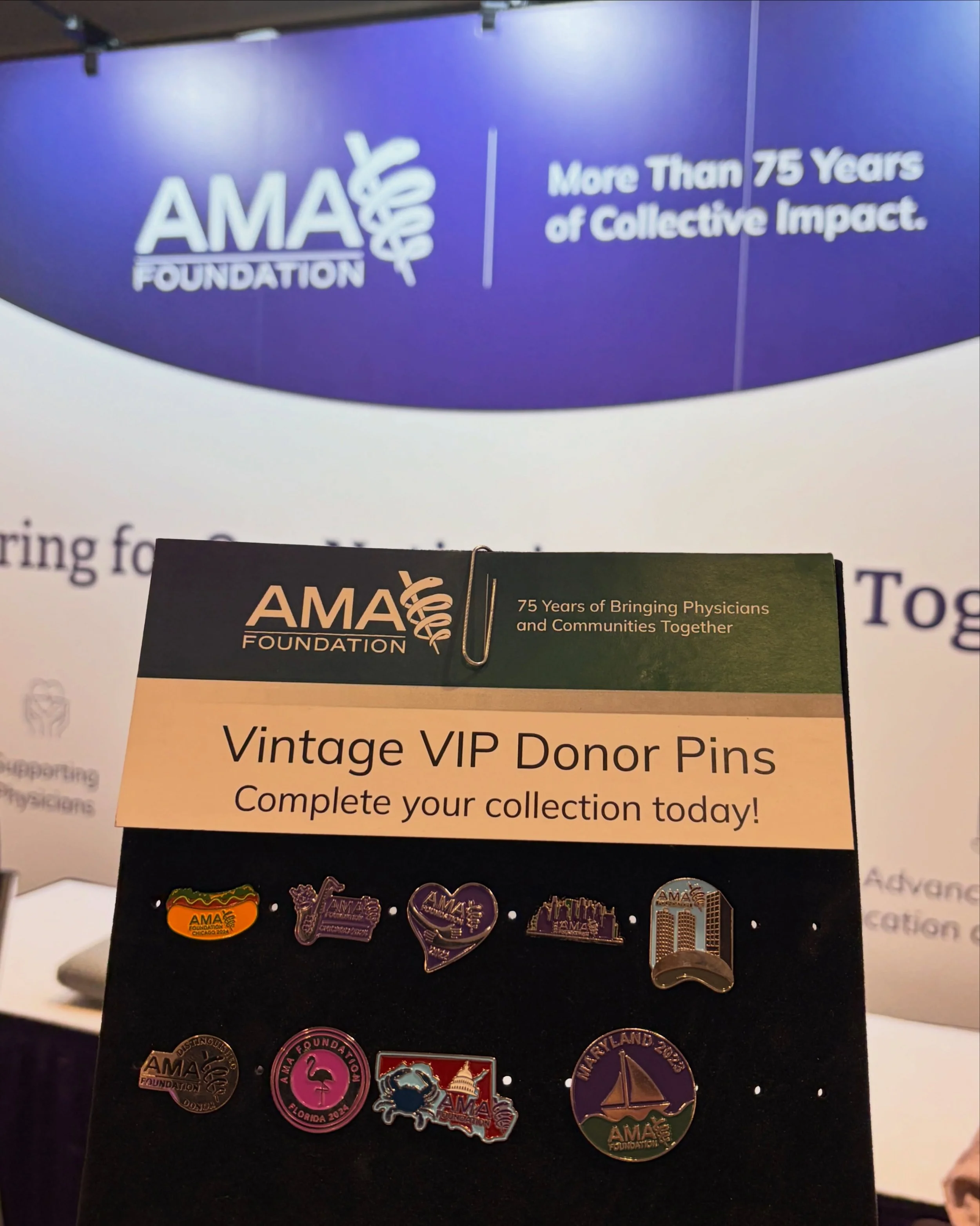 In town for the #AMAmtg? Stop by the AMA Foundation booth for exclusive swag, an interactive touchscreen about program history, and a look at vintage pins from past Annual Meetings!