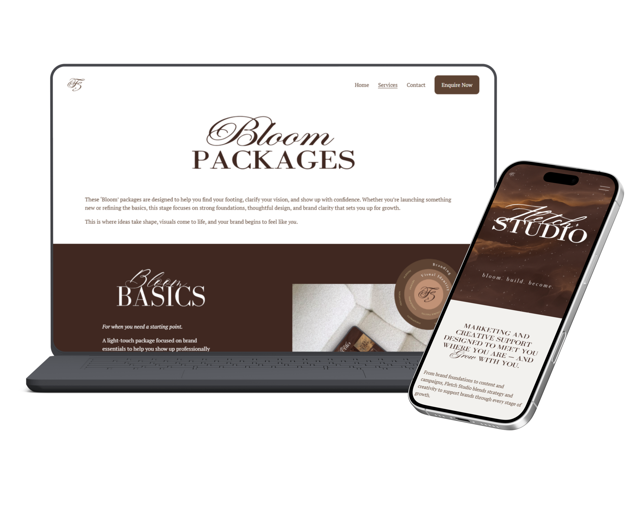 Laptop and smartphone displaying a branding studio's website with elegant brown and white design, logos, and promotional text about branding packages and creative services.