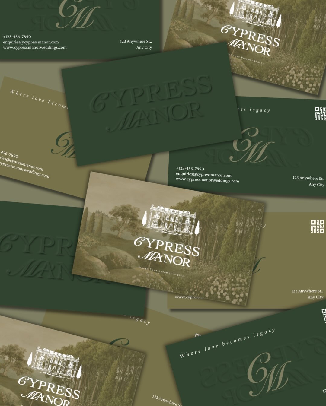 Every touchpoint tells the story. For Cypress Manor, print wasn&rsquo;t an afterthought &mdash; it was an extension of the estate itself. Deep forest green, embossed letterforms, gold script, and cypress motifs that whisper the grounds into every gue