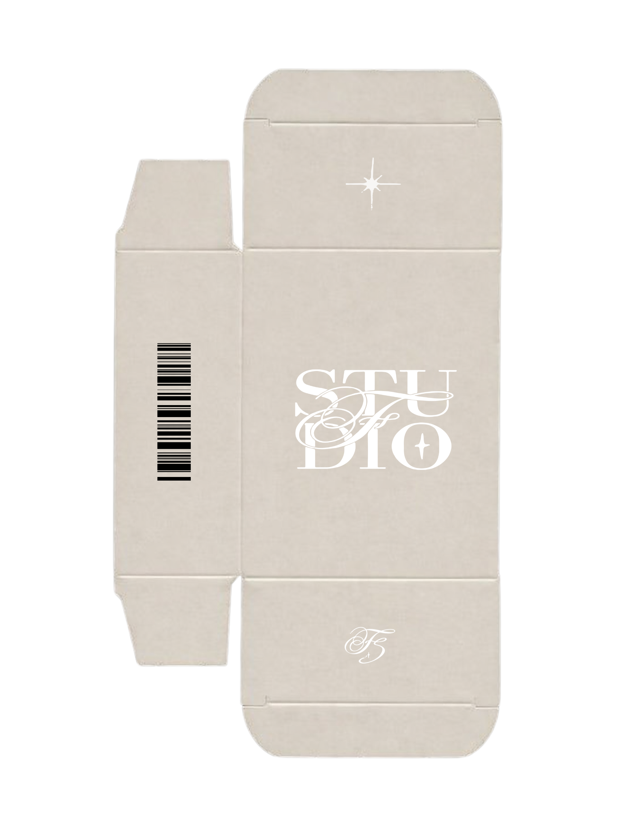 Empty white Dior gift box with decorative text and a barcode, isolated on a black background.