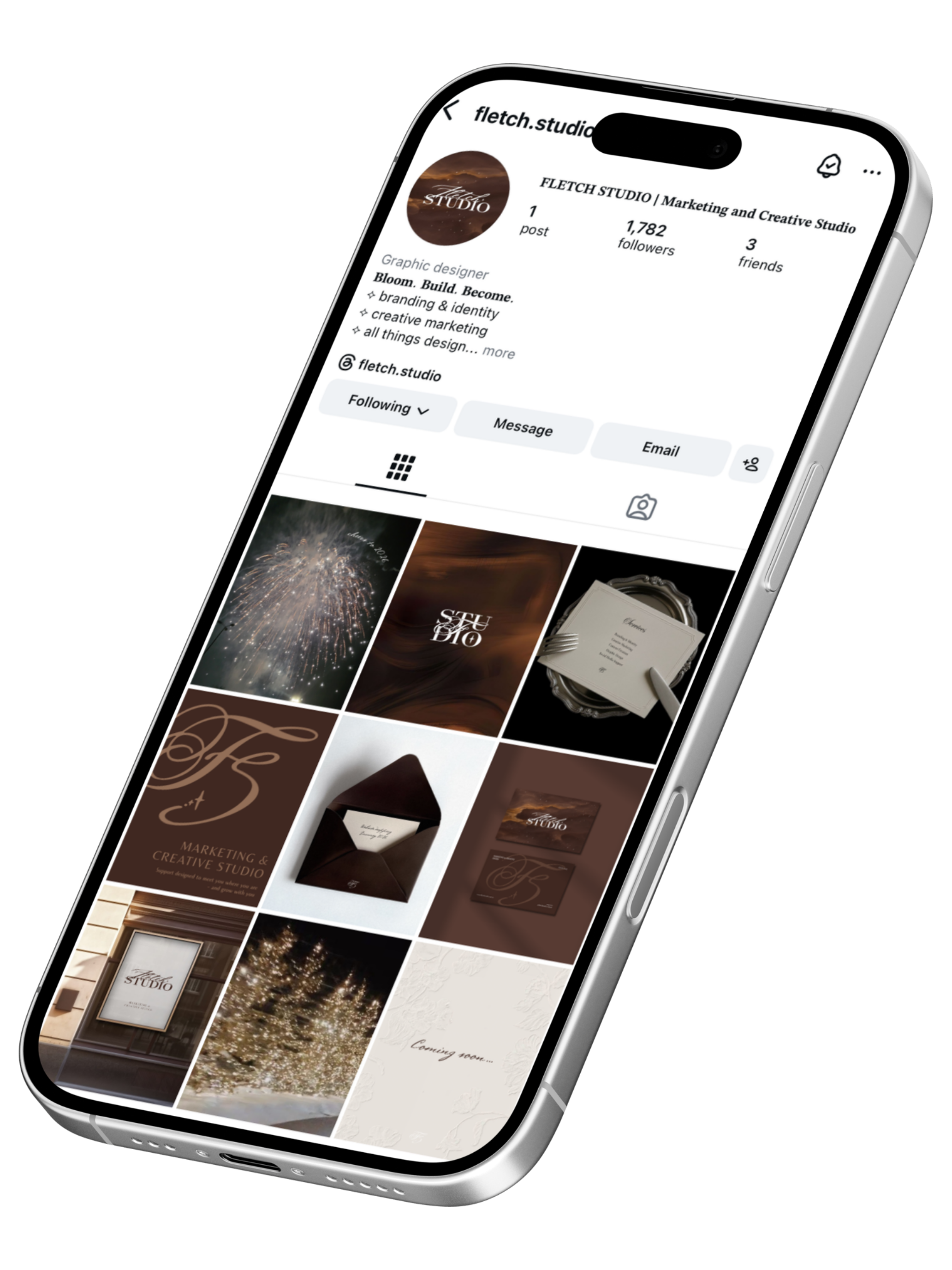 Instagram profile of Fletch Studio, a marketing and creative studio, featuring a grid of posts with design and branding visuals, including logos, cards, and decorative images.