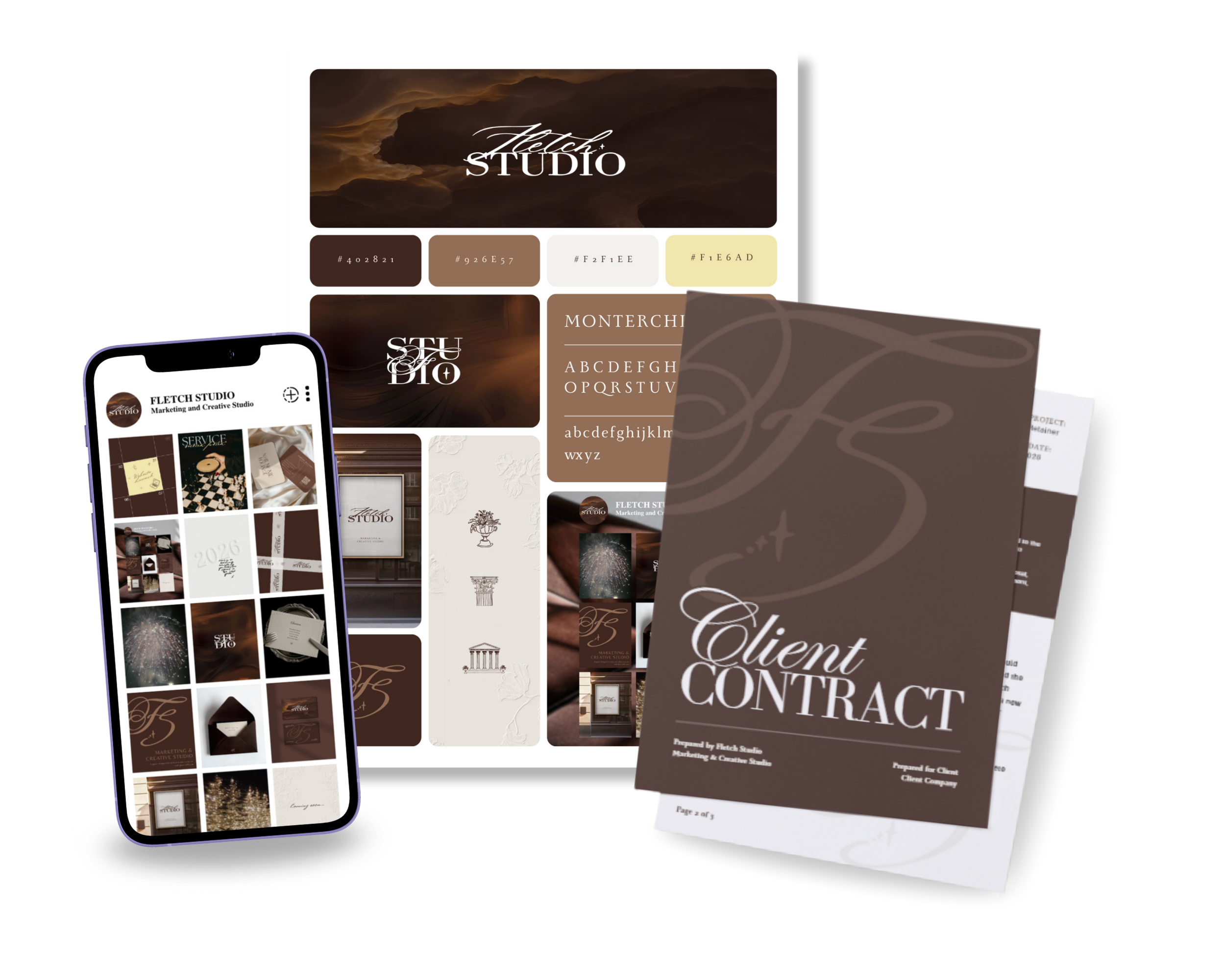 Design mockups for Fletch Studio including a desktop color palette, a mobile app interface showing branding images, and a client contract document in brown tones.