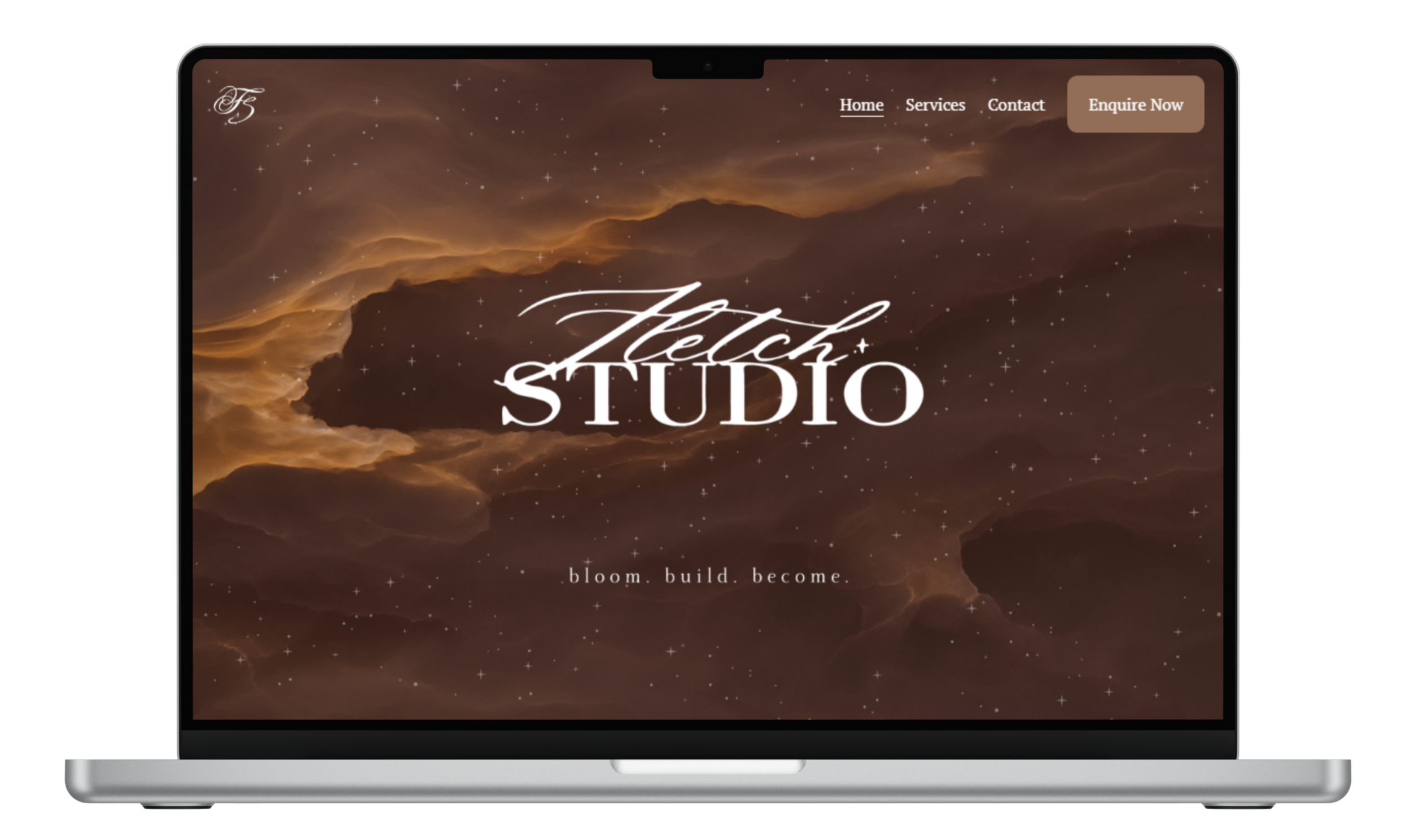 Laptop screen displaying a website for 'Fletch Studio' with a background of a dark clouded sky and stars. The website menu includes Home, Services, Contact, and a prominent 'Enquire Now' button. The tagline is 'bloom. build. become.'