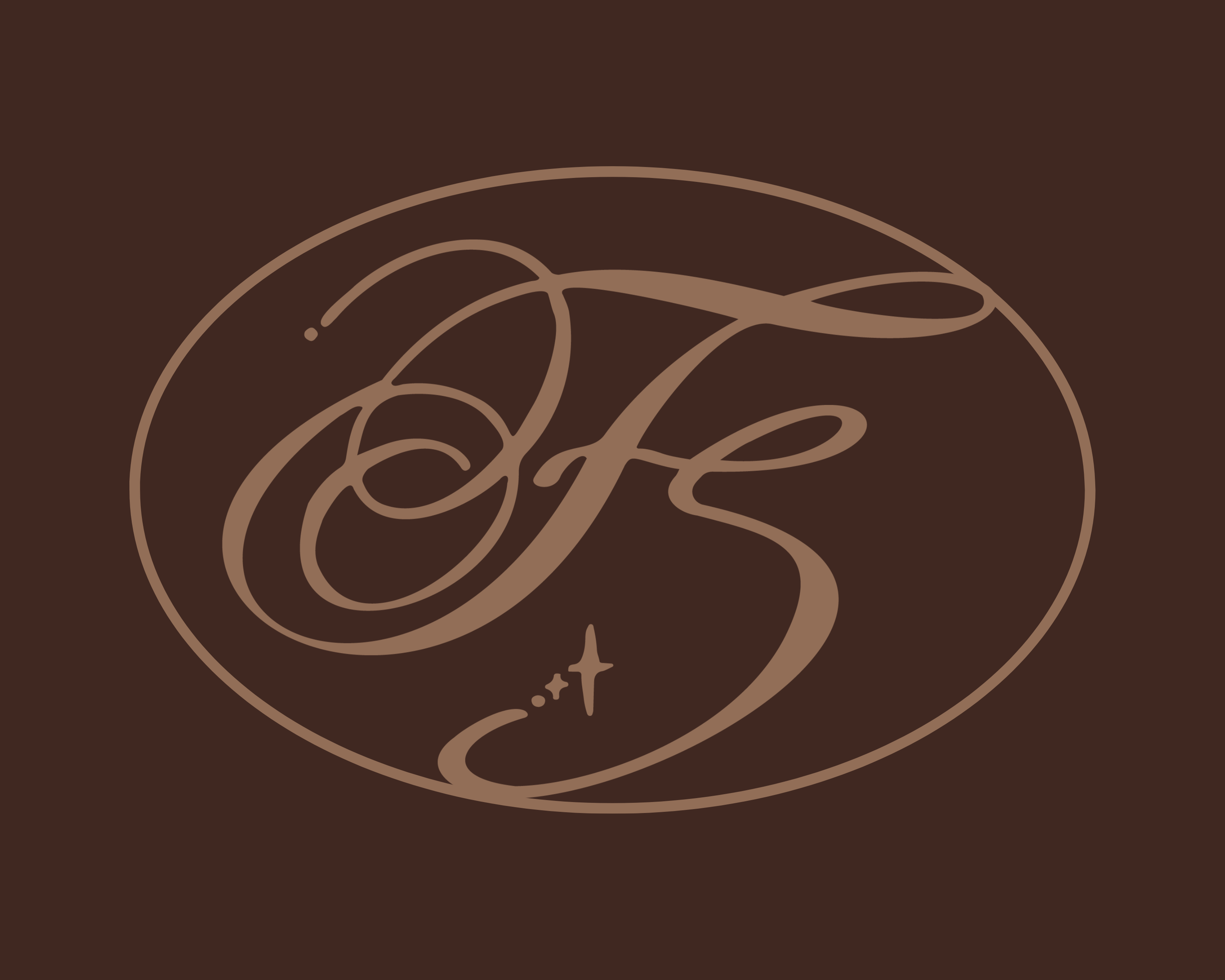 Elegant monogram with the letter 'F' in cursive script, enclosed in an oval, with a small star or sparkle at the bottom.