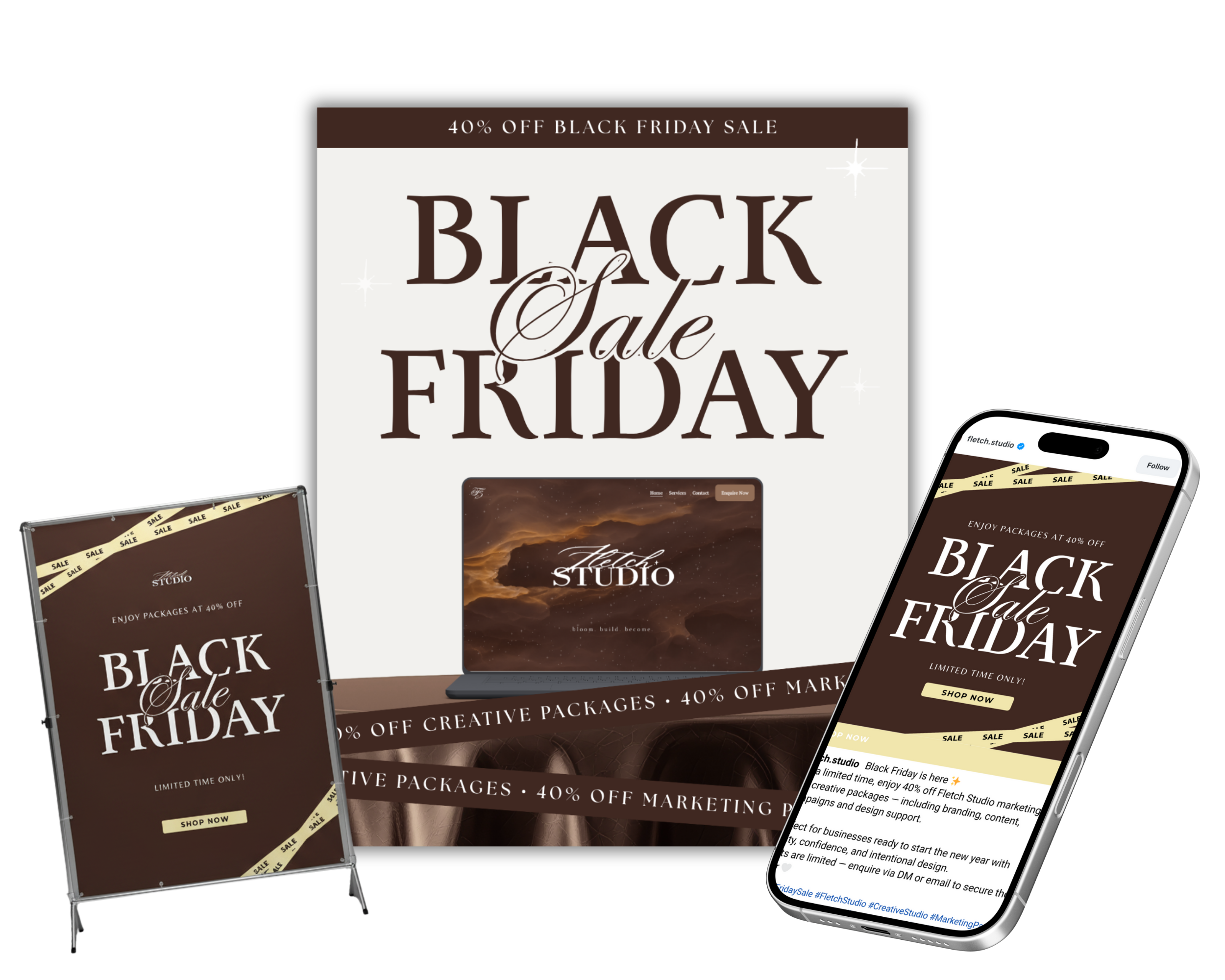 Digital advertising display promoting Black Friday sales with banners on a tablet and a phone, featuring 40% off marketing packages and a website screenshot.