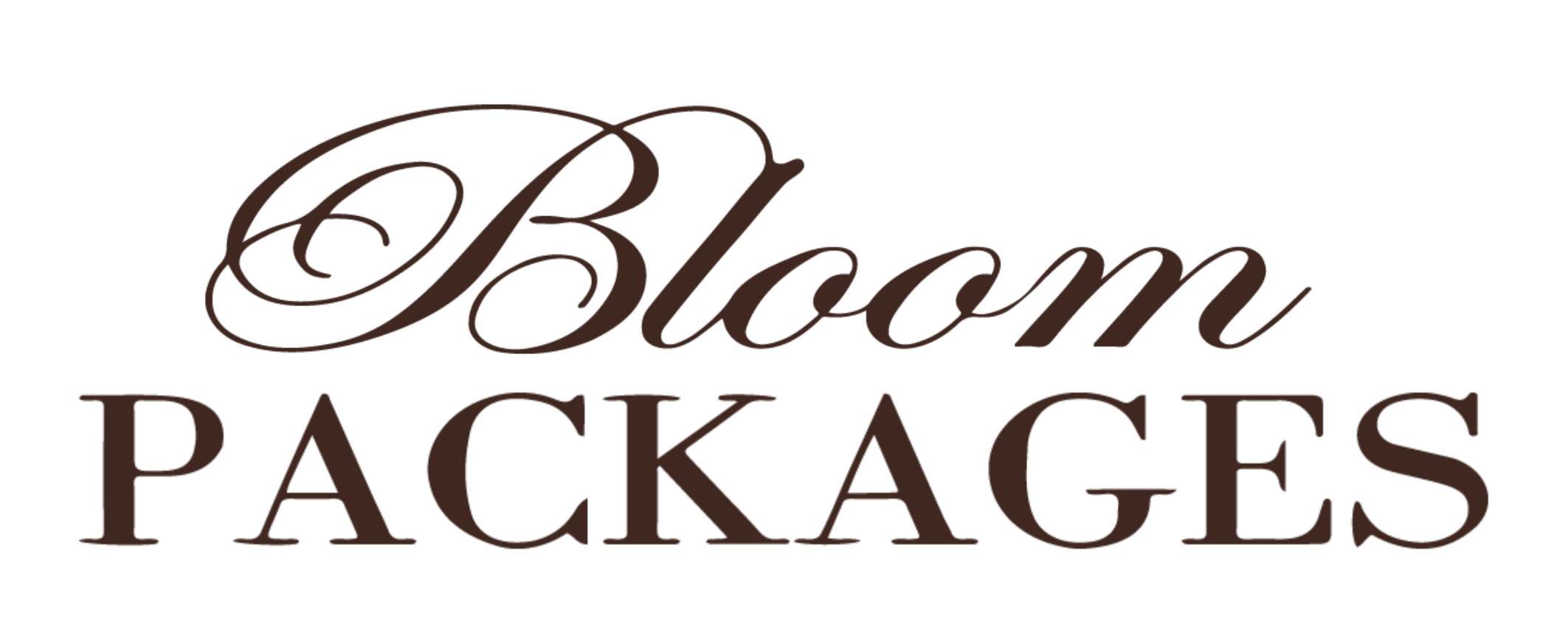The logo of Bloom Packages in elegant brown cursive and serif font on a transparent background.