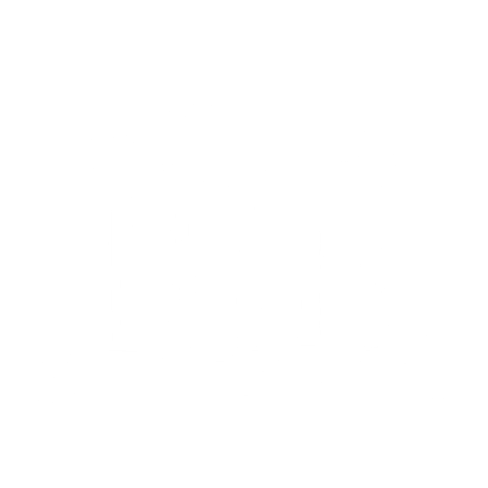 White line drawing of a classical Greek temple with six columns, steps, and two potted plants on either side.