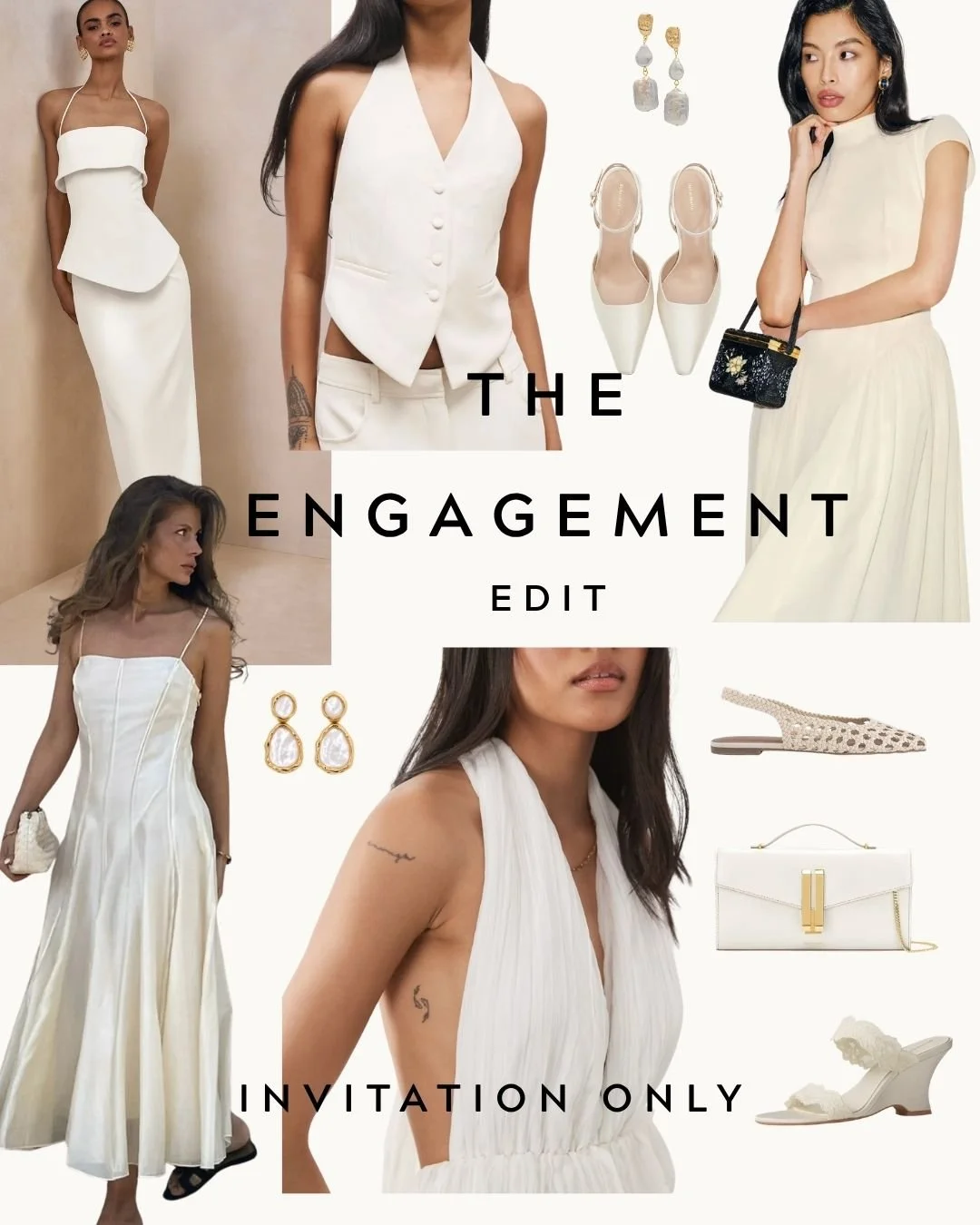 Curated engagement outfit inspiration for the modern bride - ivory tailoring, soft draped dresses, and the accessories that finish the look, all in one edit.