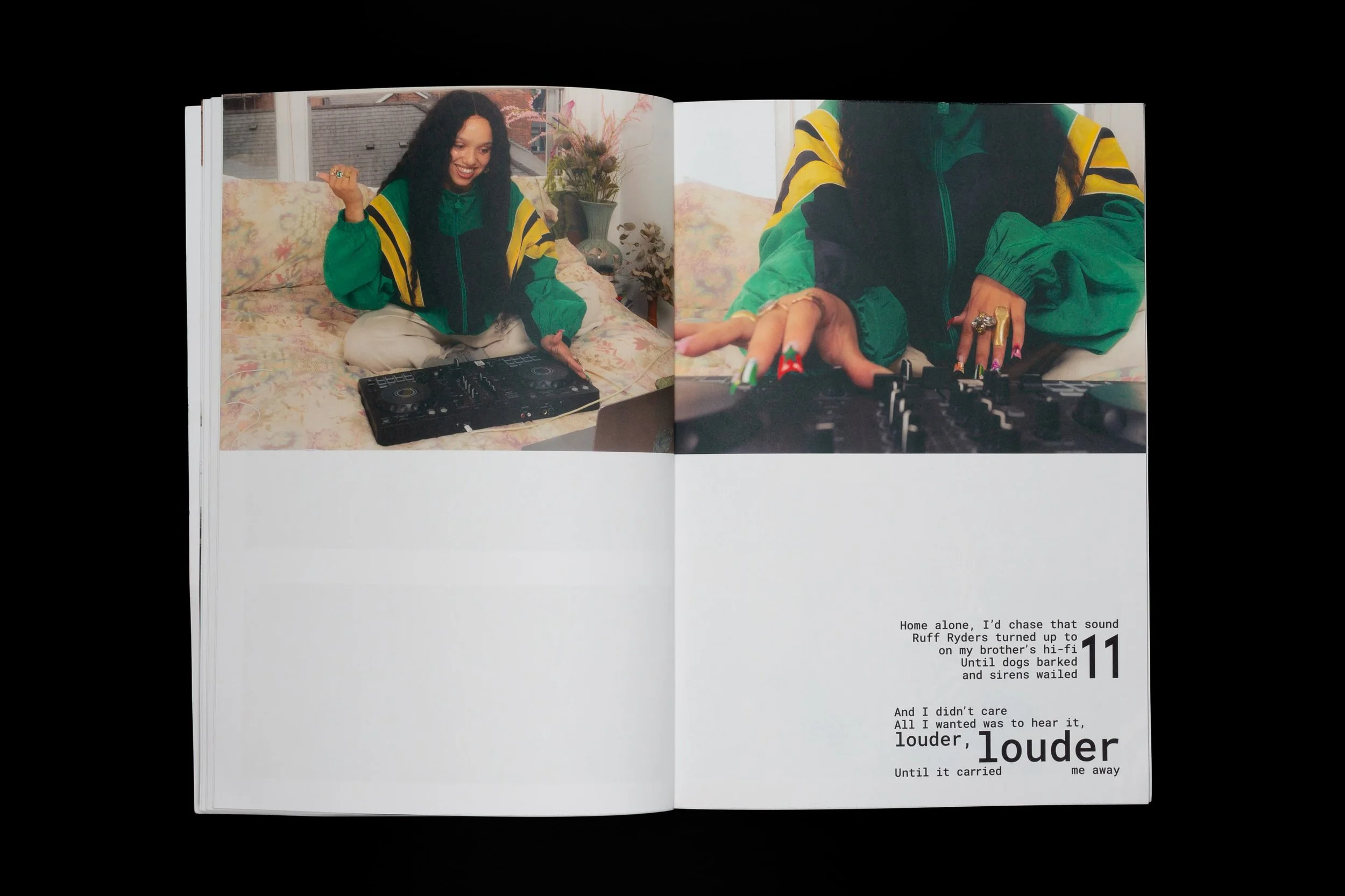 DJ photography featuring a woman in a green adidas jacket in the Common Frequency zine, photographed by Manchester-based visual artist Yaroslav Prytula.