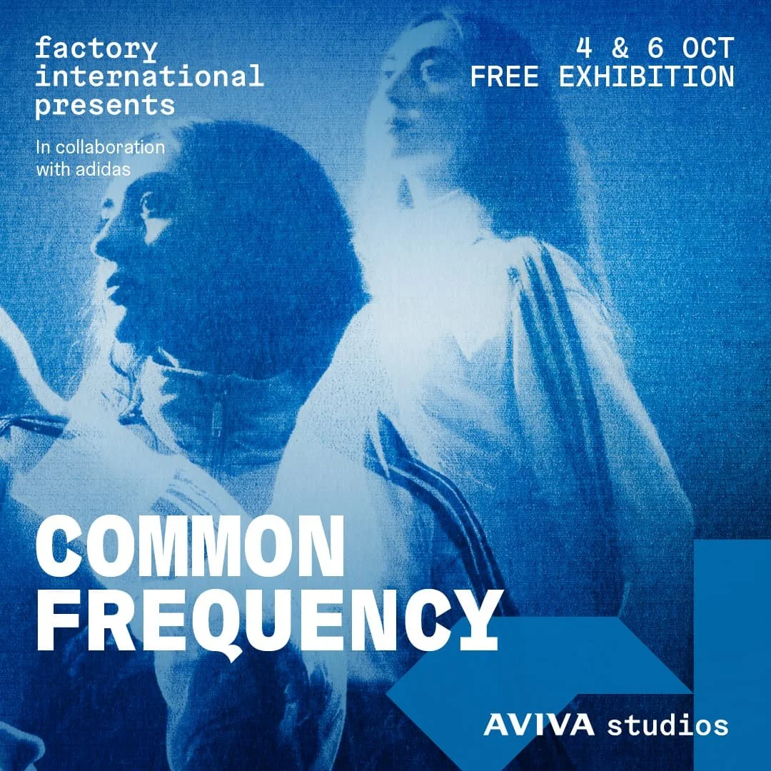 Official Common Frequency exhibition poster by Factory International in collaboration with adidas Originals, promoting the free exhibition at Aviva Studios, Manchester, on 4 and 6 October 2026.