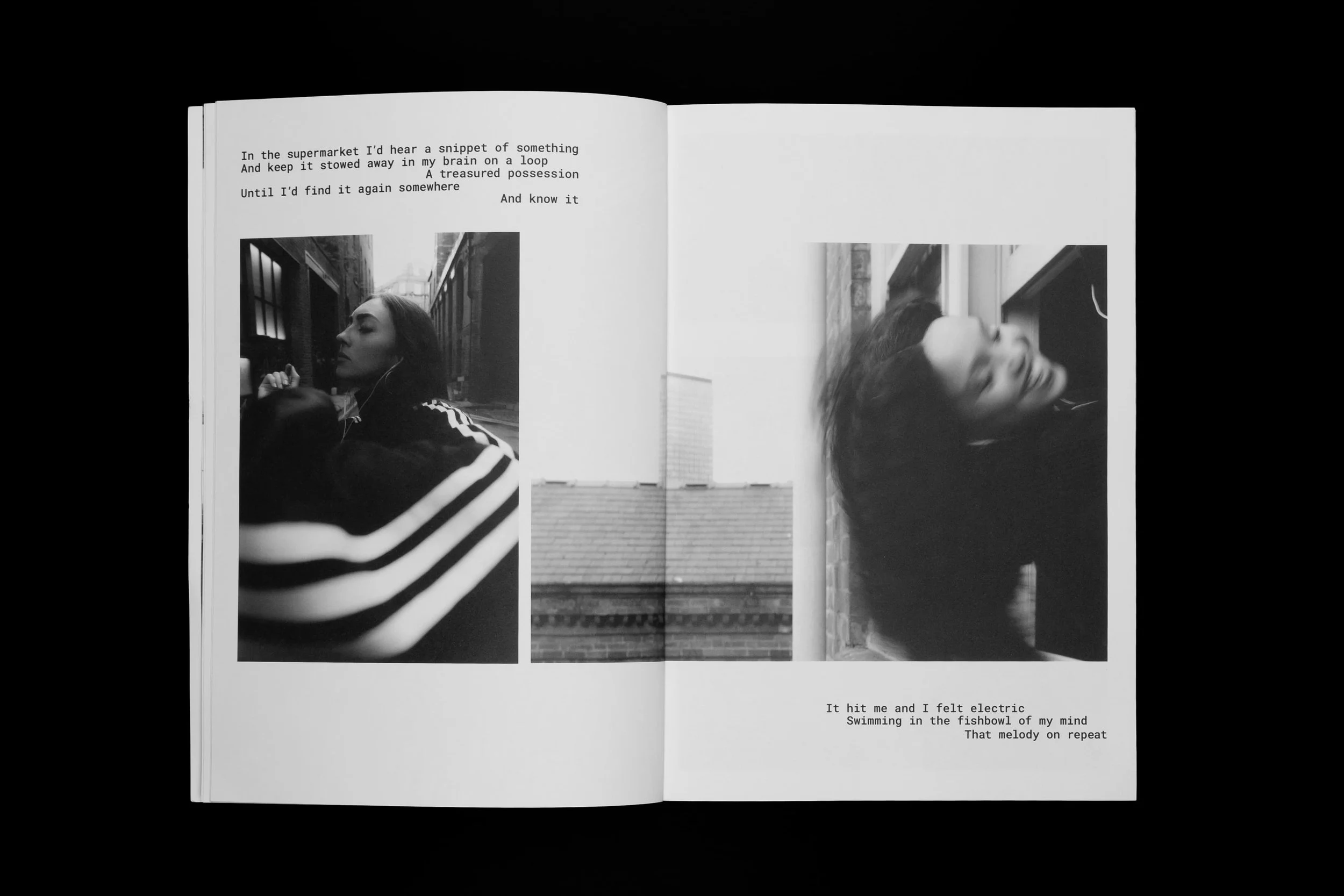 Black-and-white photography and typography in the Common Frequency zine by Manchester-based photographer Yaroslav Prytula, created for adidas Originals and Factory International.