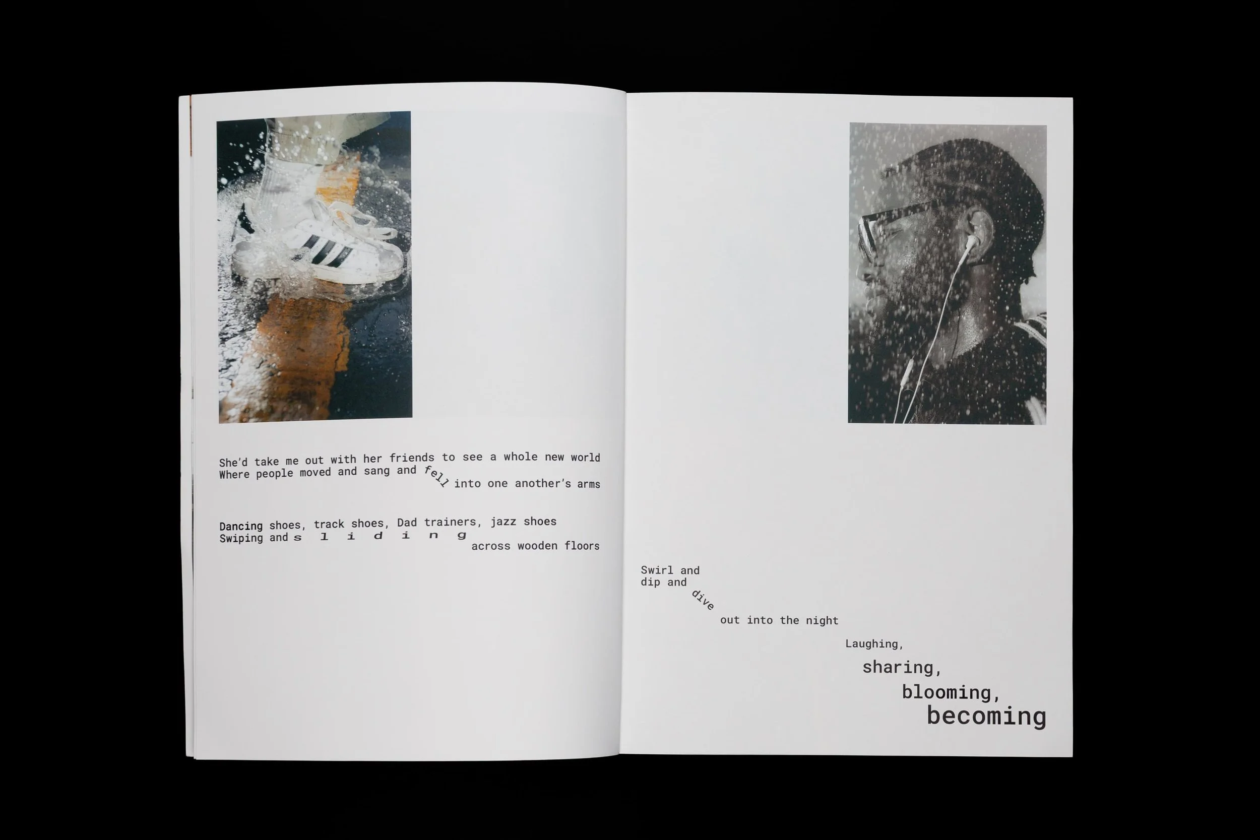 Photographs of adidas trainers splashing through water and a man listening to music in the rain, featured in the Common Frequency zine by Yaroslav Prytula.
