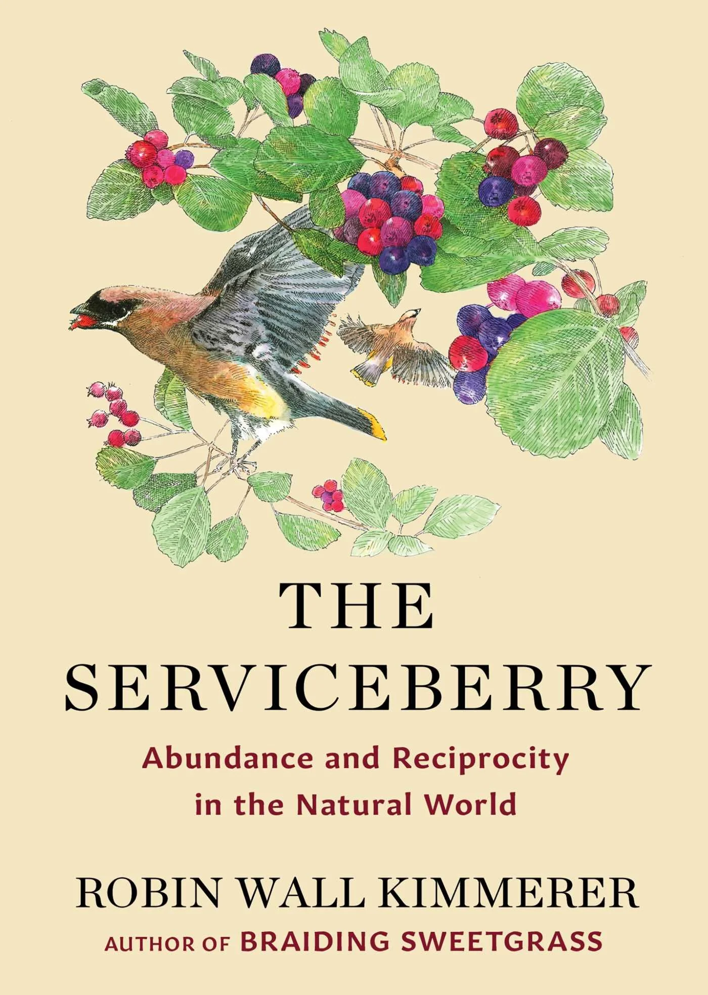 Book cover titled 'The Serviceberry' with illustrations of serviceberry plants and birds, and subtitle 'Abundance and Reciprocity in the Natural World'.