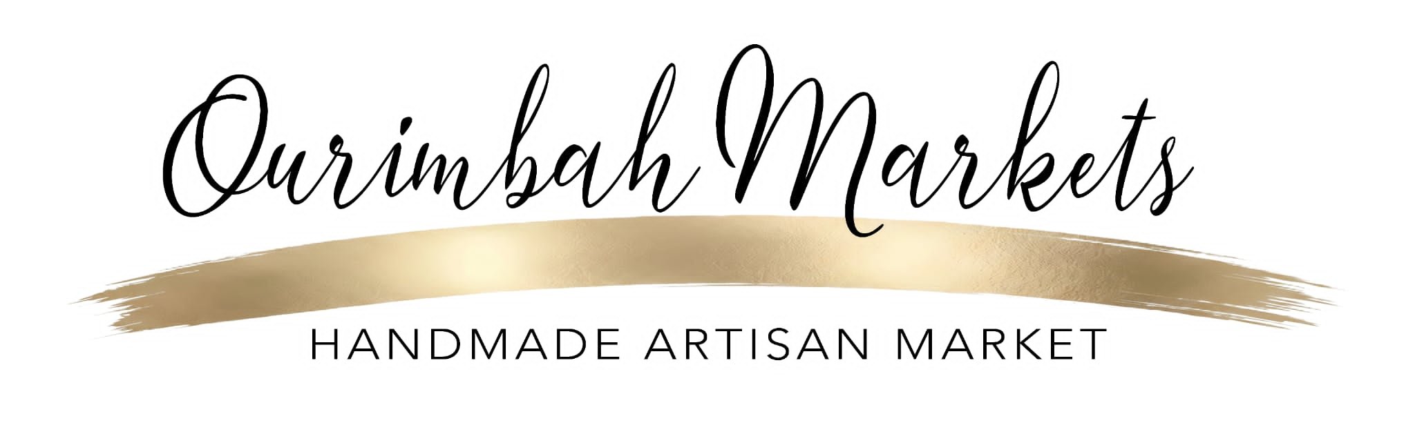 Logo for Ourimbah Markets with handwritten-style text, gold brushstroke underline, and the subtitle 'Handmade Artisan Market'.
