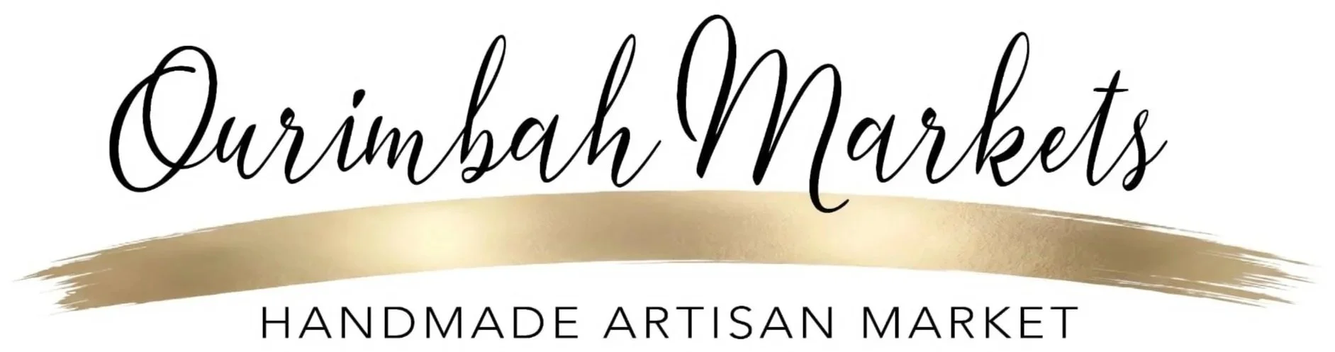Logo for Ourimbah Markets with handwritten font and a gold brush stroke, and the text "Handmade Artisan Market" below.