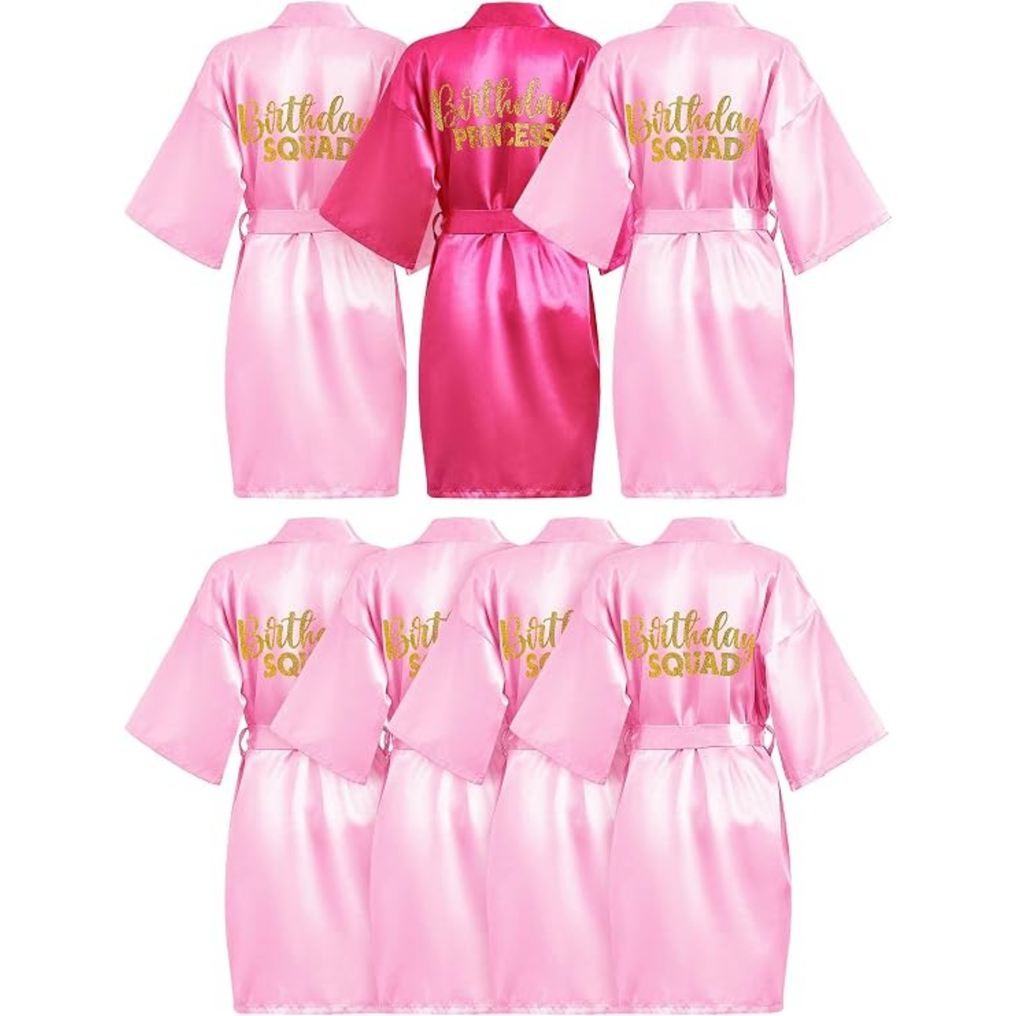 A collection of pink satin robes with the words 'Birthday Squad' or 'Birthday Princess' written in gold on the back.